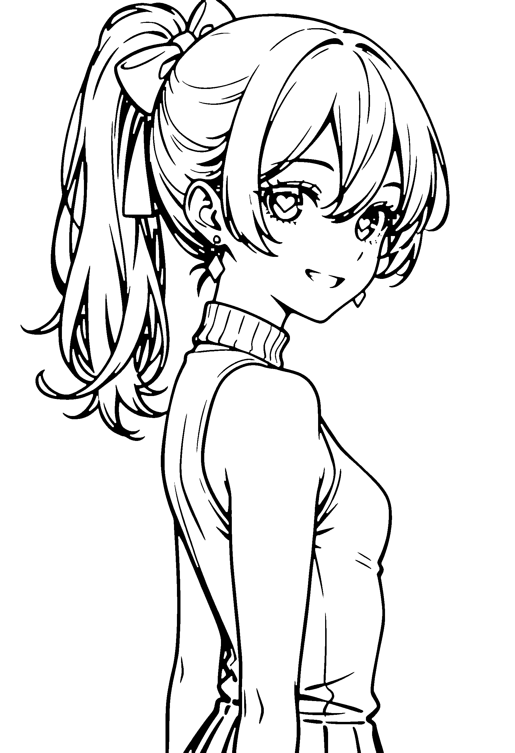 Black and white line art coloring page of an anime girl with long hair, ponytail, turtleneck, choker and grinning