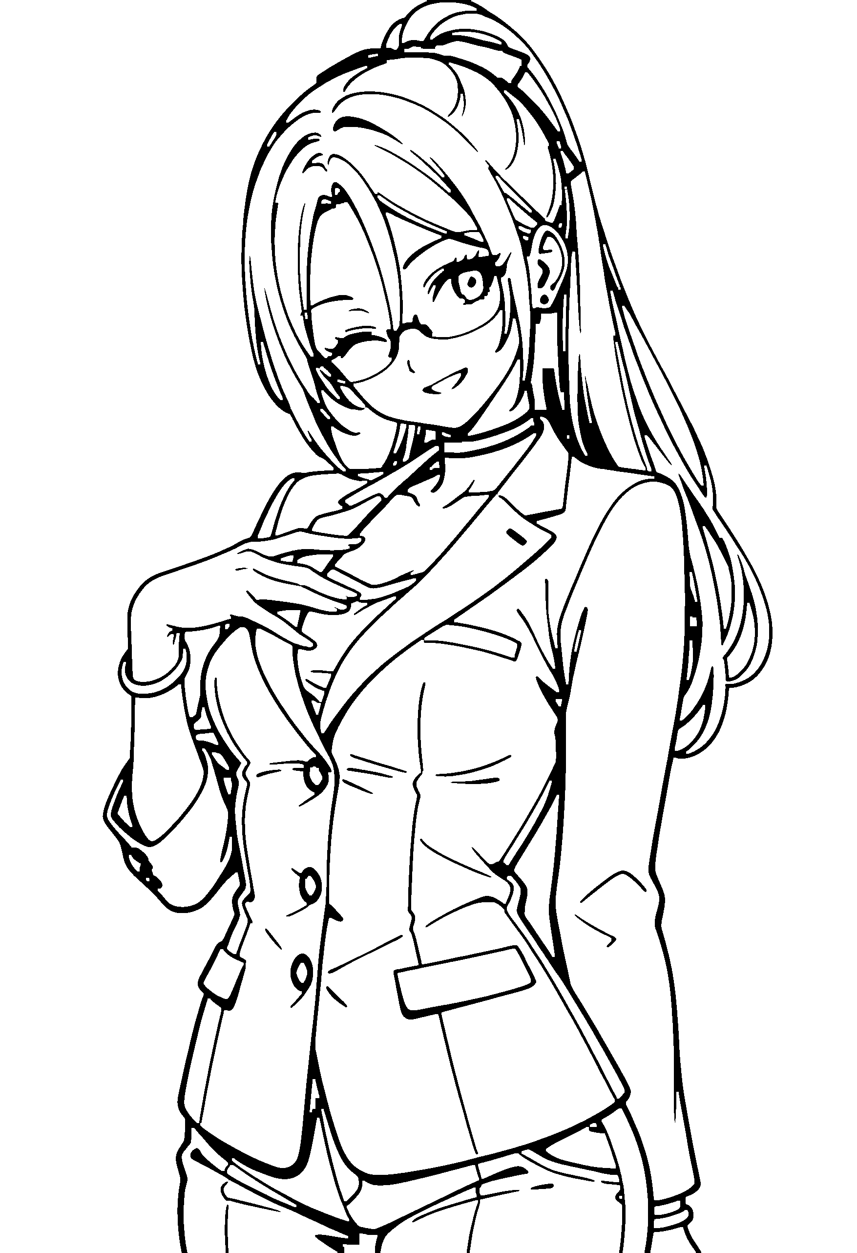 Black and white line art coloring page of an anime girl with long hair, ponytail, suit, glasses, choker and smiling