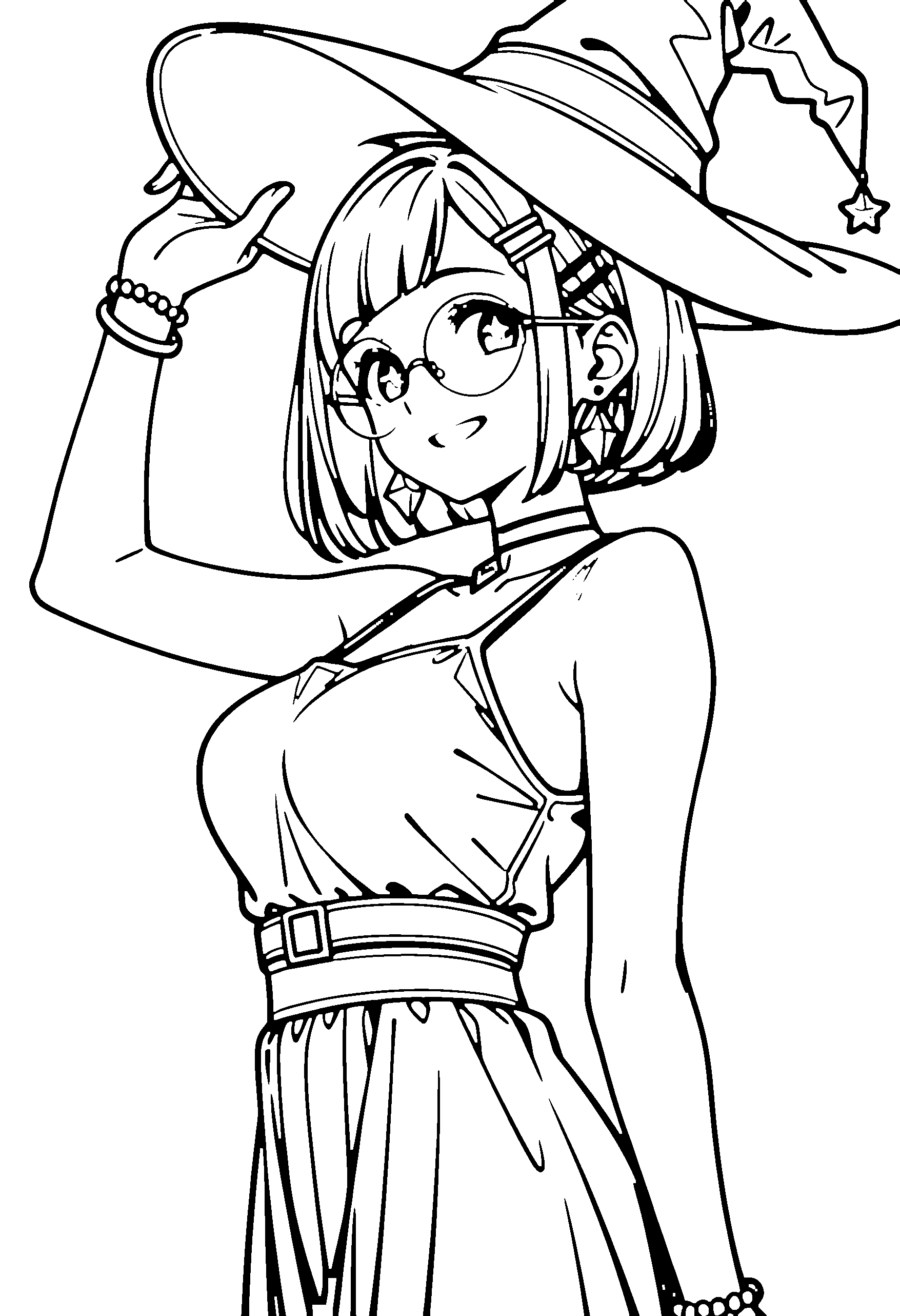 Black and white line art coloring page of an anime girl with witch outfit, bob cut, dress, glasses, choker and grinning