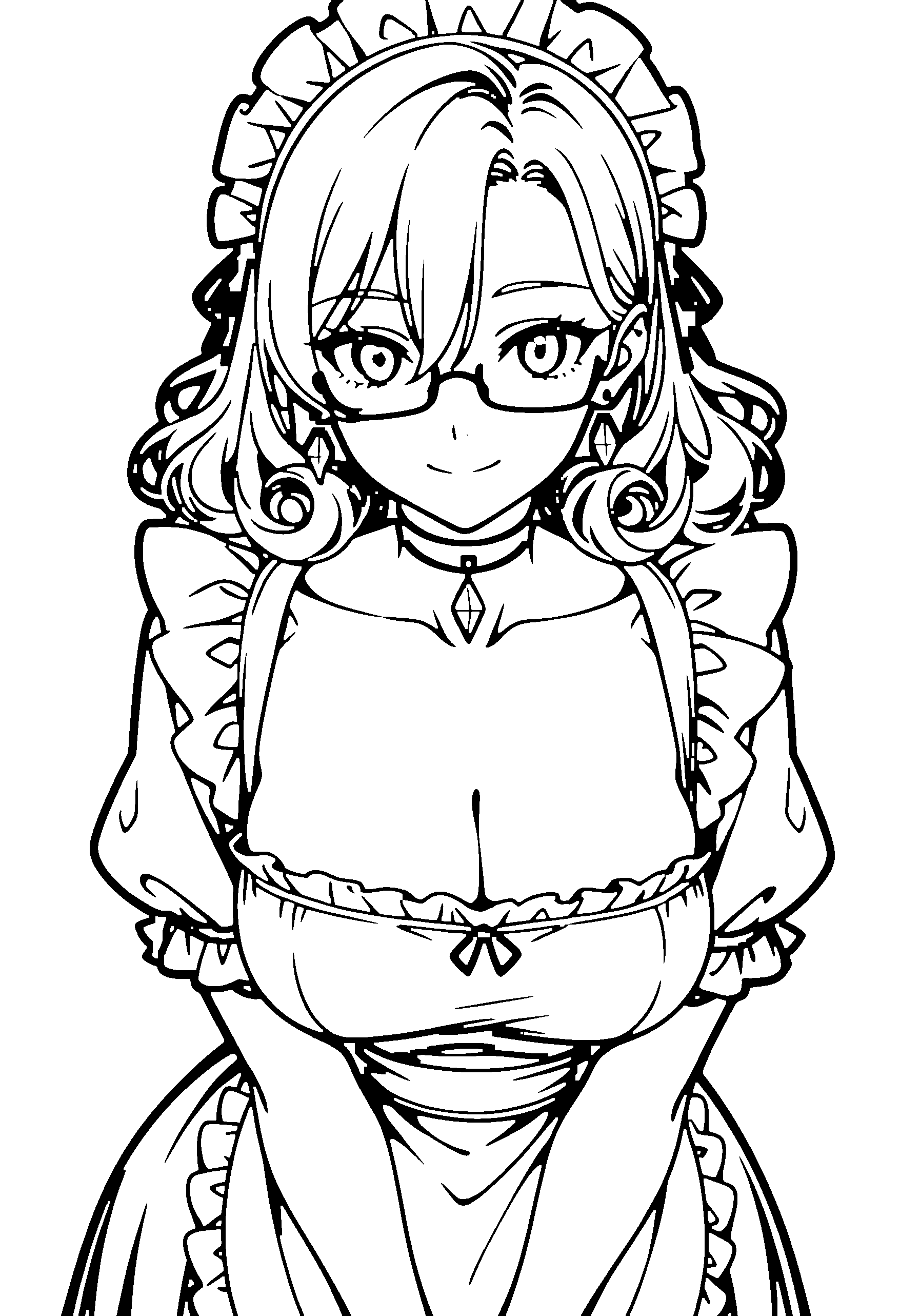 Black and white line art coloring page of an anime girl with maid outfit, medium hair, curly hair, dress, glasses, choker and smiling
