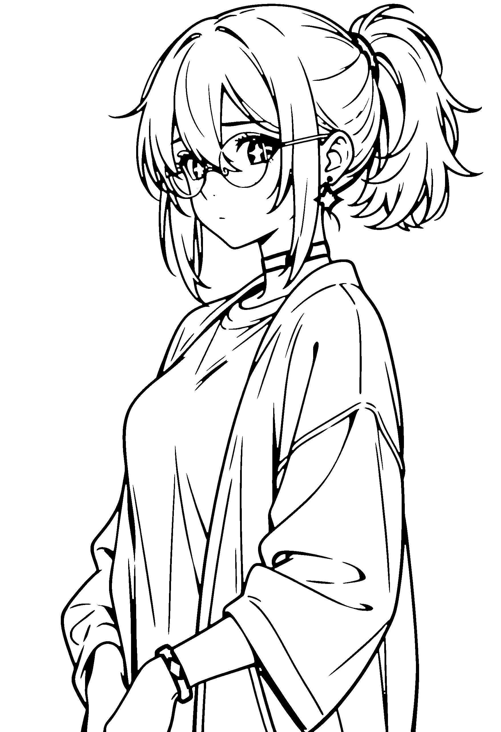 Black and white line art coloring page of an anime girl with medium hair, ponytail, jacket, glasses, choker and shy