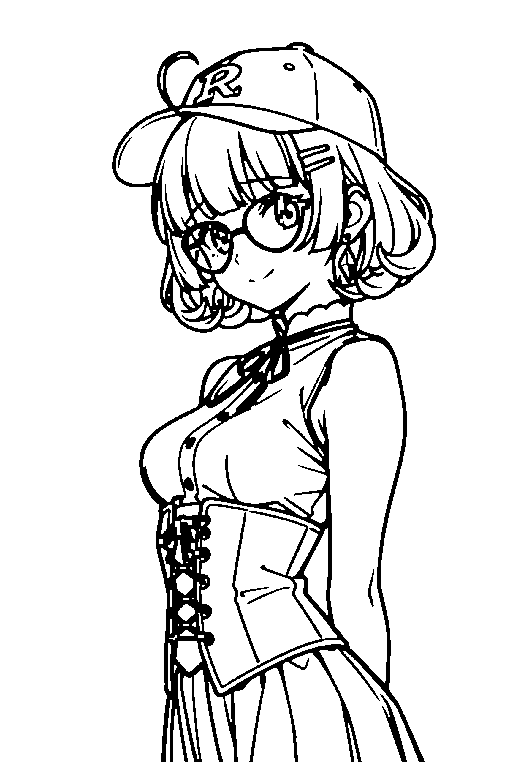 Black and white line art coloring page of an anime girl with bob cut, curly hair, corset, cap, glasses, ribbon and shy