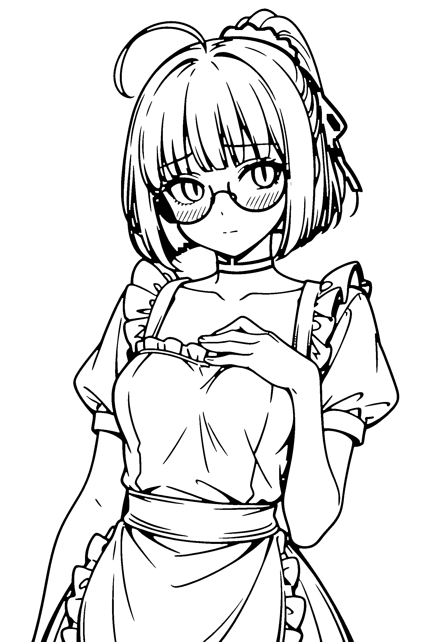 Black and white line art coloring page of an anime girl with maid outfit, bob cut, ponytail, dress, glasses, choker and shy