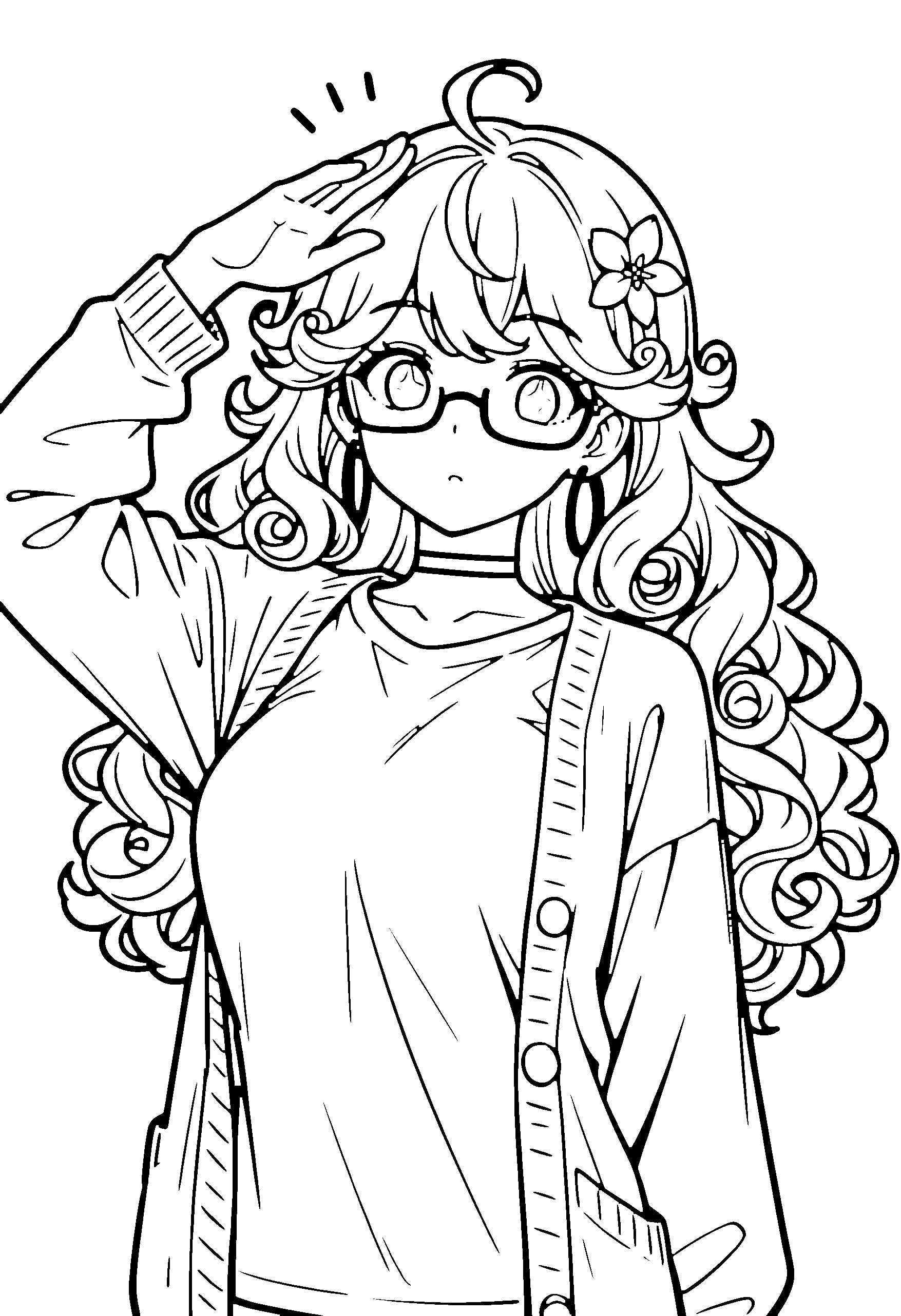 Black and white line art coloring page of an anime girl with long hair, curly hair, cardigan, hair flower, glasses, choker and surprised
