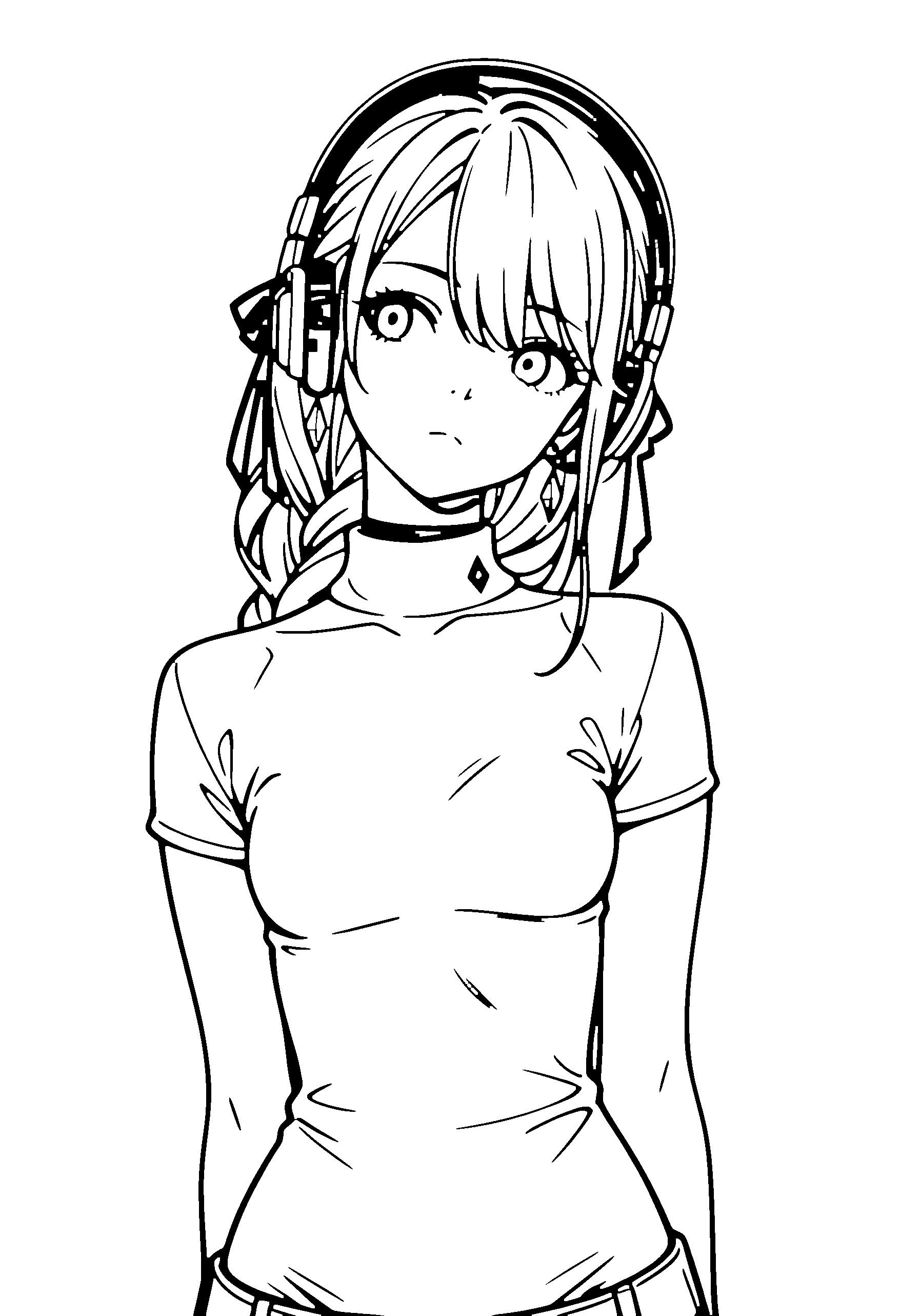 Black and white line art coloring page of an anime girl with long hair, braid, turtleneck, headphones, choker and frowning
