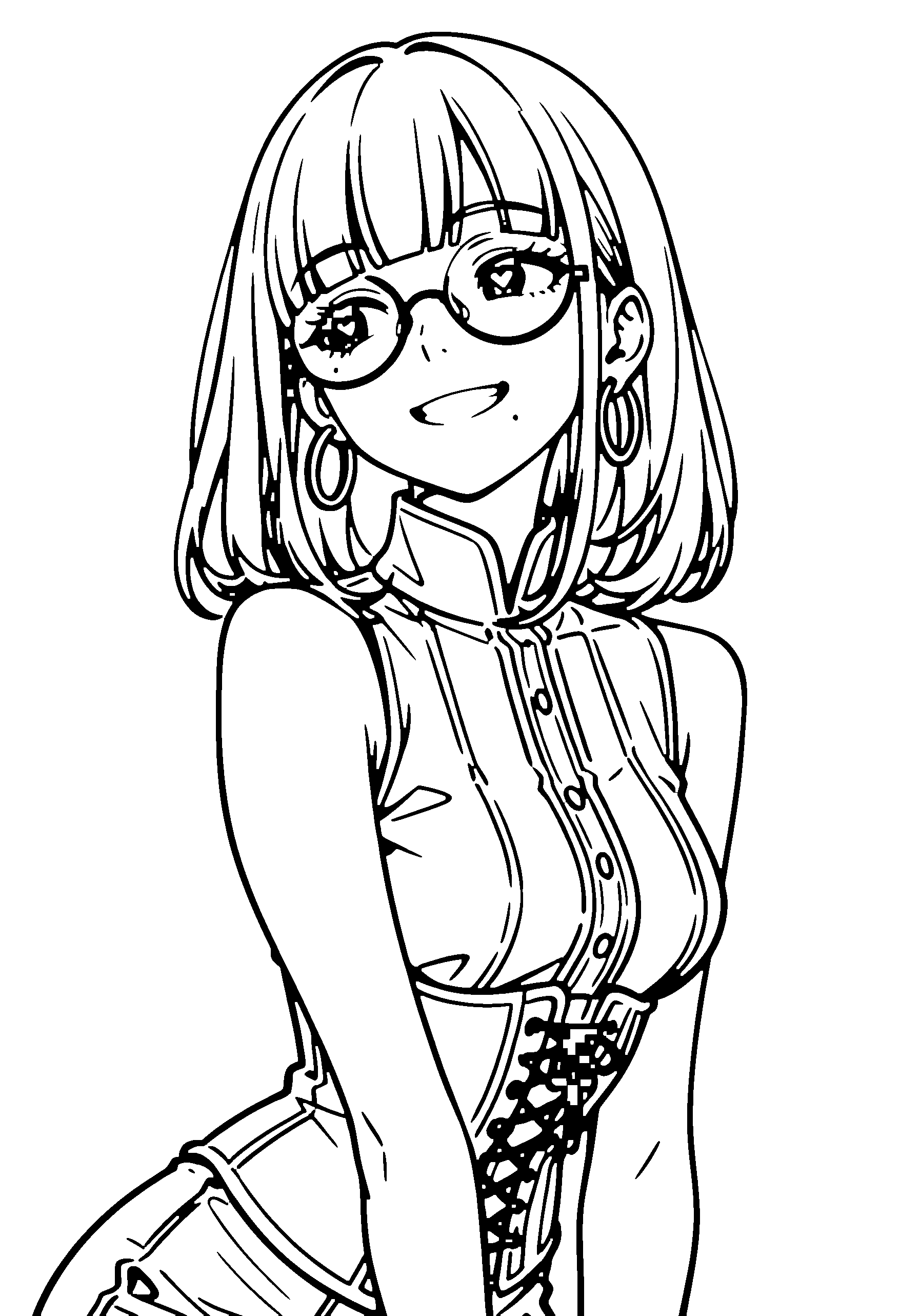 Black and white line art coloring page of an anime girl with medium hair, corset, glasses and grinning