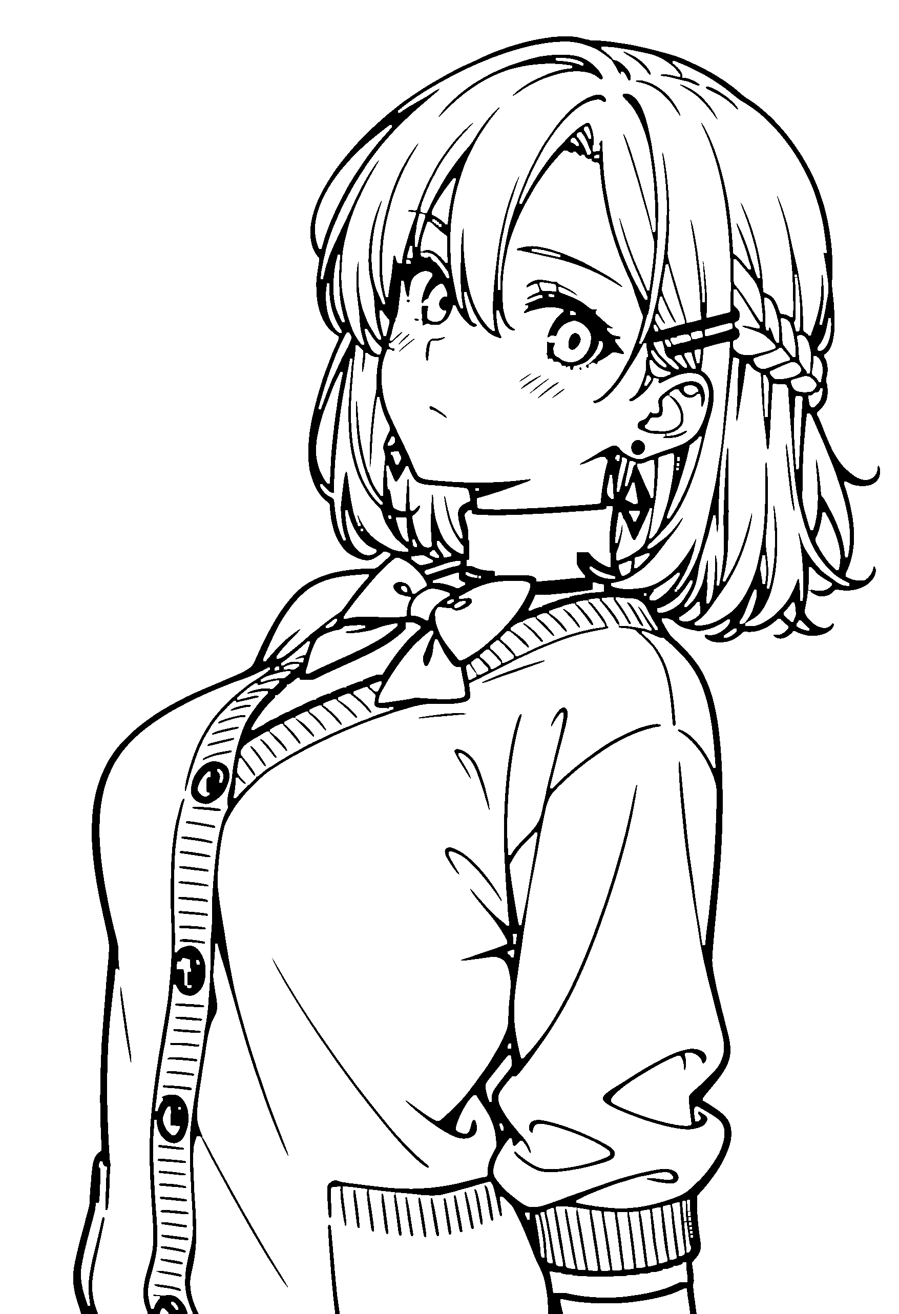 Black and white line art coloring page of an anime girl with medium hair, braid, turtleneck, bow tie and serious
