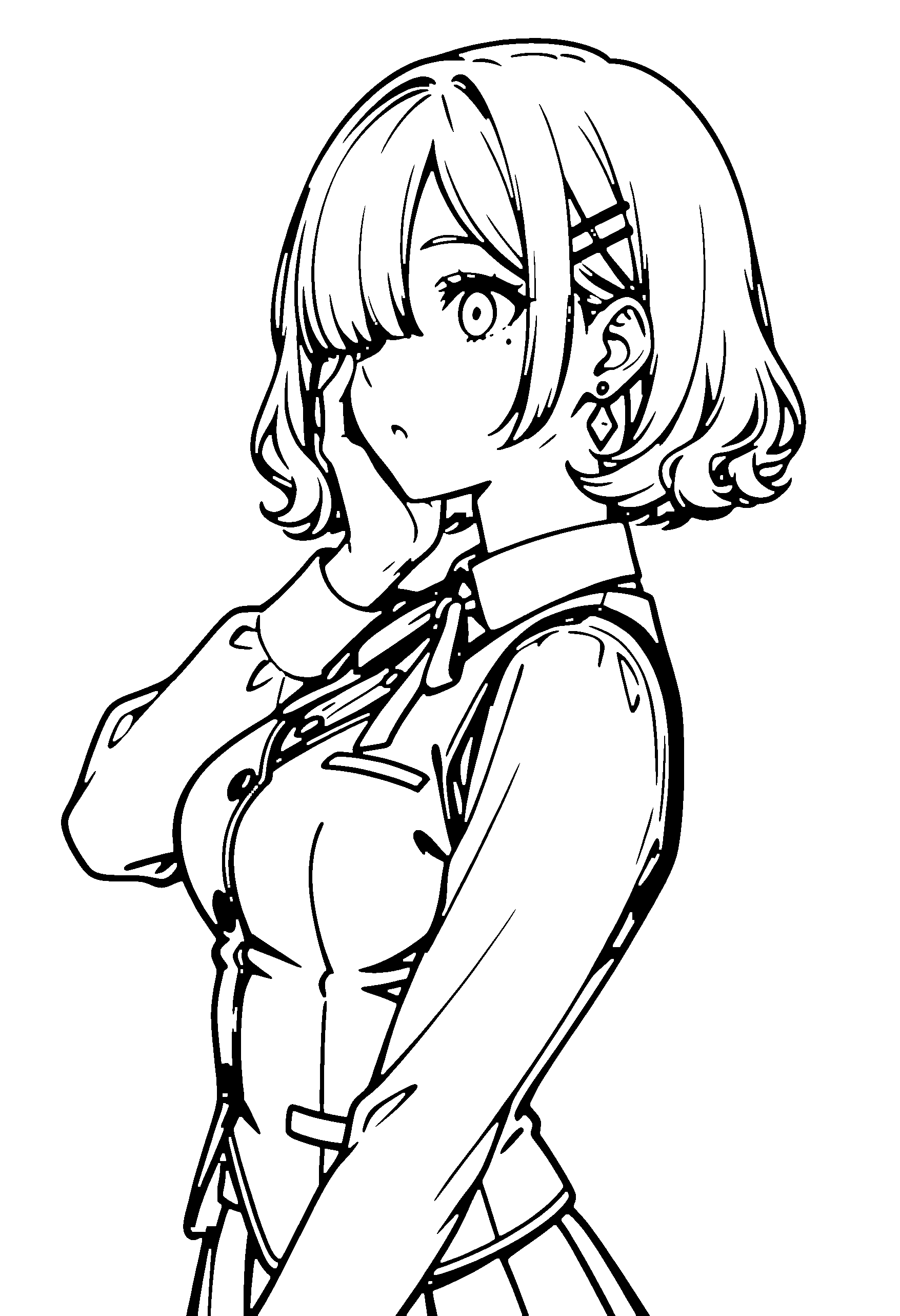 Black and white line art coloring page of an anime girl with bob cut, wavy hair, vest, hair flower and surprised