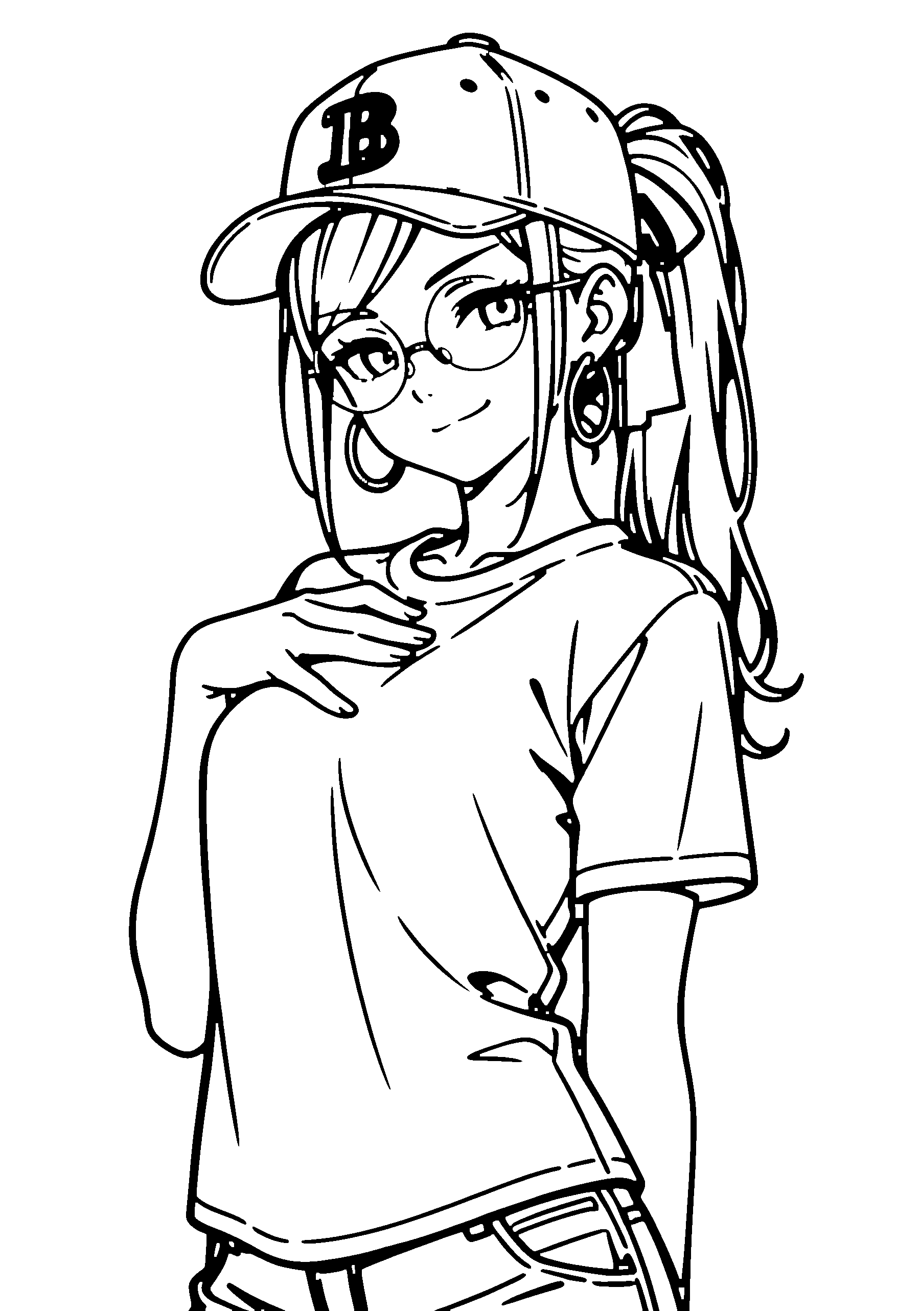 Black and white line art coloring page of an anime girl with long hair, ponytail, shirt, cap, glasses and smiling