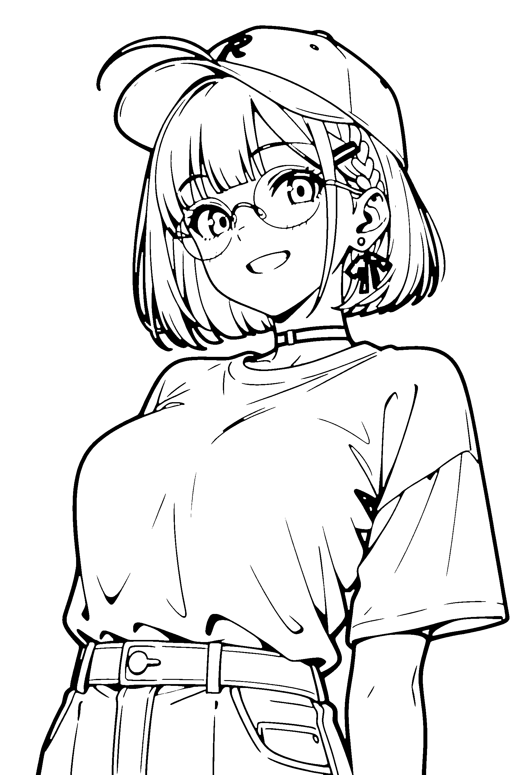 Black and white line art coloring page of an anime girl with bob cut, braid, shirt, cap, glasses, choker and grinning