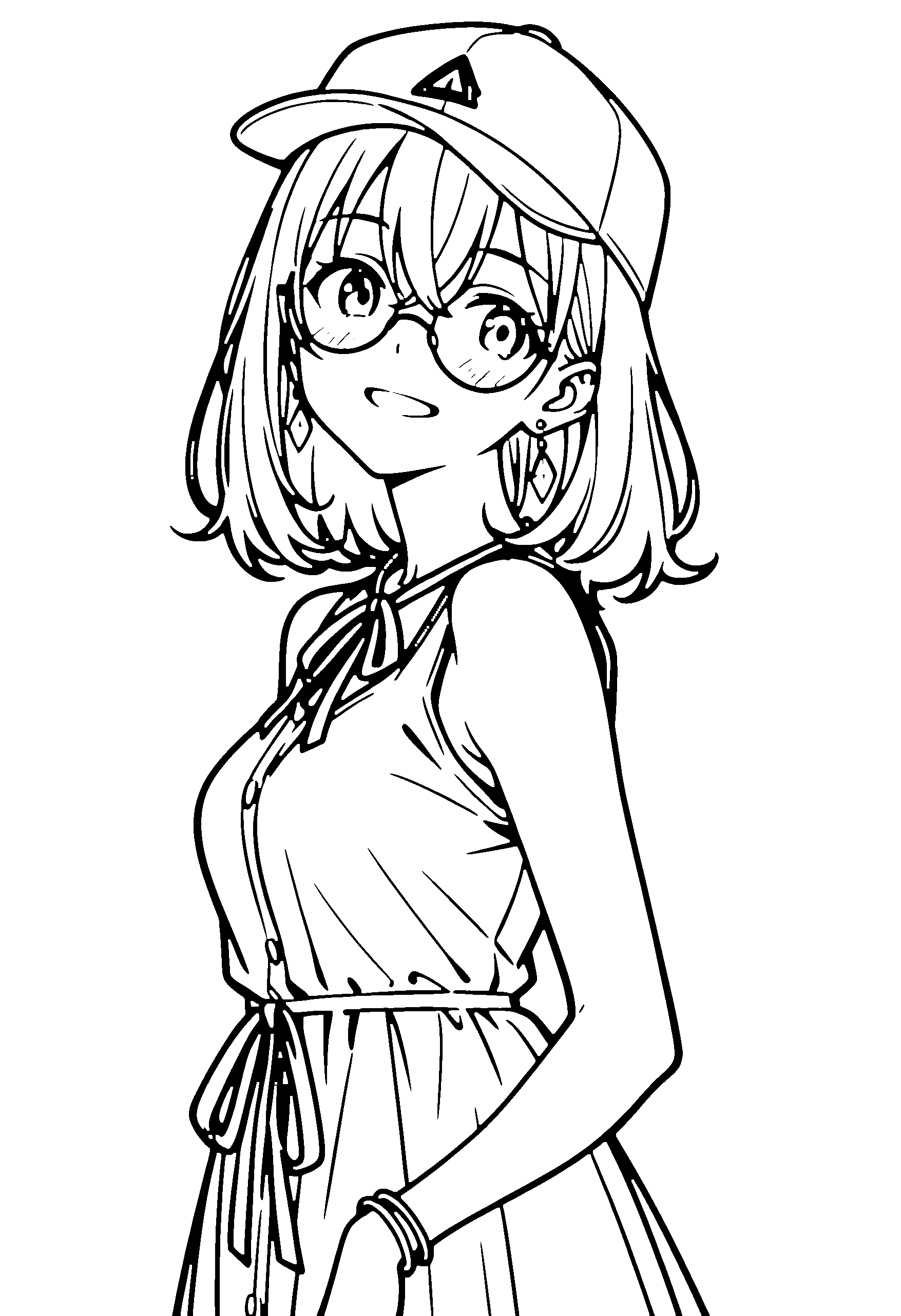 Black and white line art coloring page of an anime girl with medium hair, dress, cap, glasses, ribbon and grinning