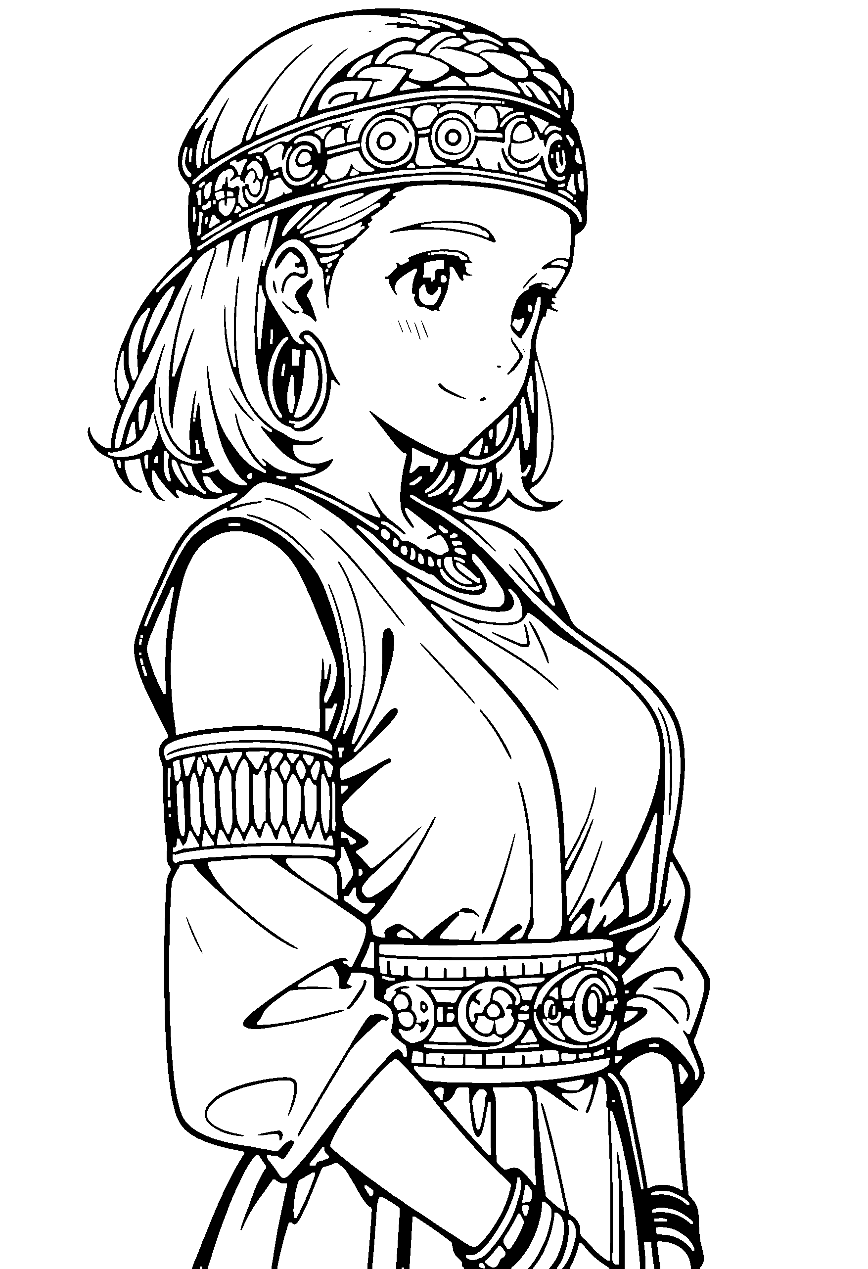 Black and white line art coloring page of an anime girl with medium hair, braid, shirt, headband, necklace and smiling