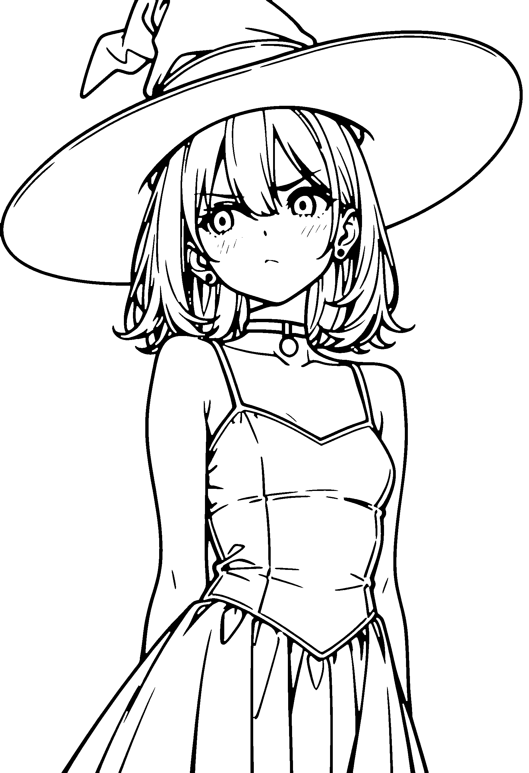 Black and white line art coloring page of an anime girl with witch outfit, medium hair, dress, choker and frowning