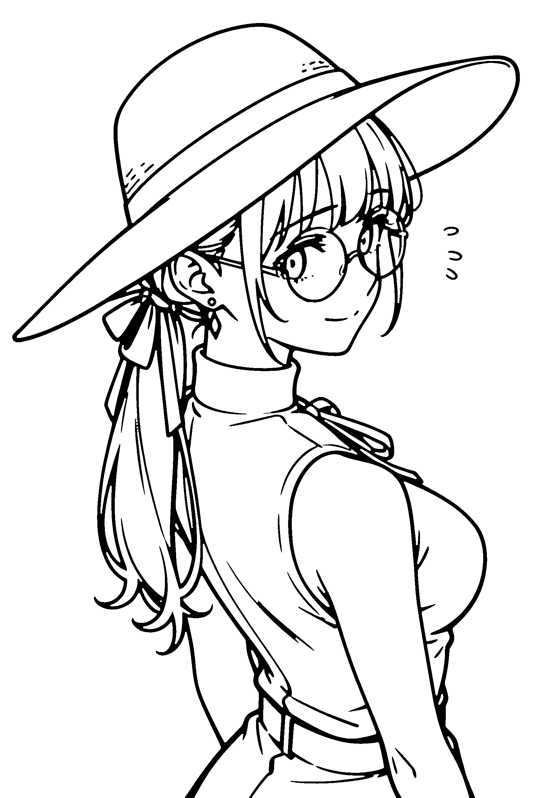 Black and white line art coloring page of an anime girl with long hair, ponytail, turtleneck, sun hat, glasses, ribbon and shy