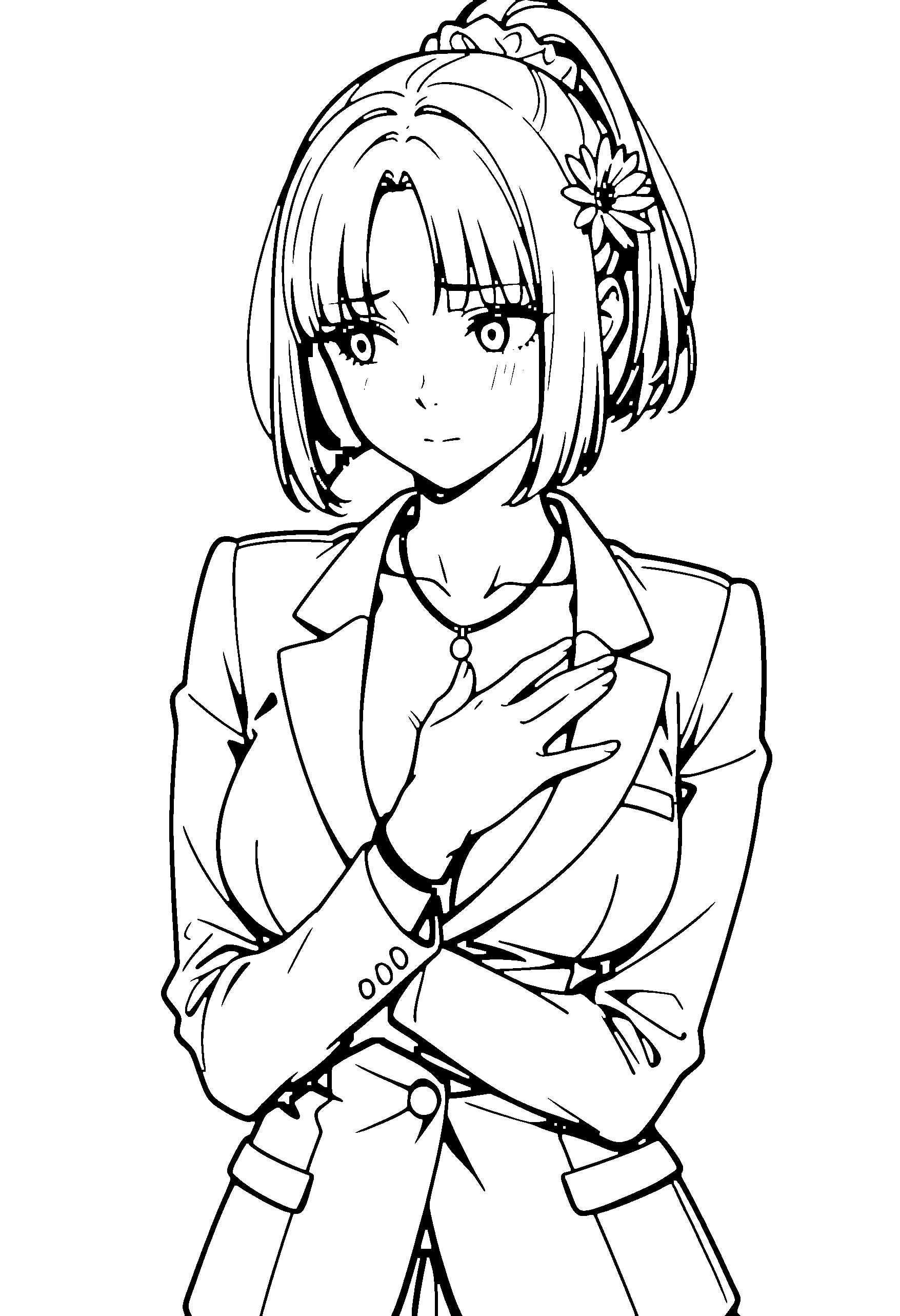 Black and white line art coloring page of an anime girl with bob cut, ponytail, suit, hair flower, necklace and shy