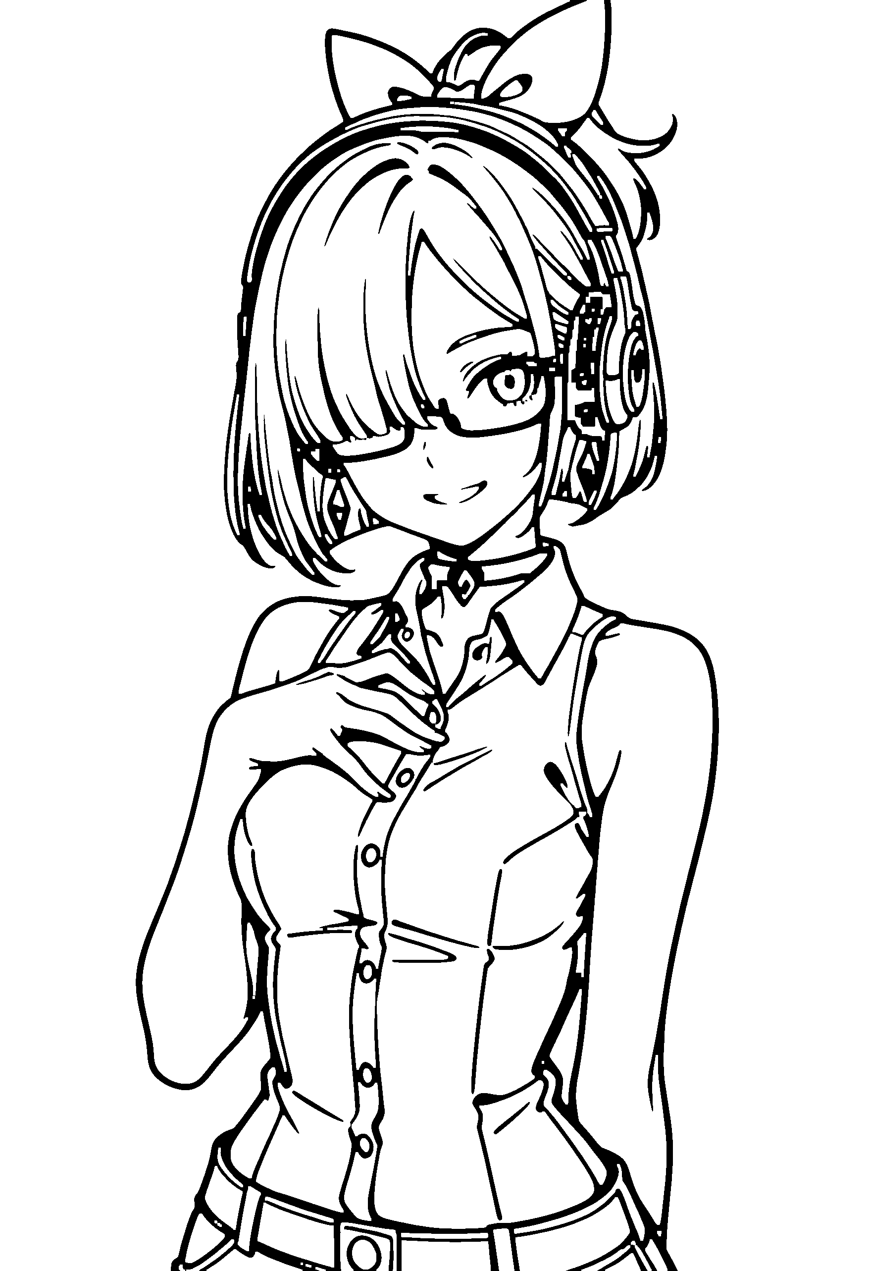 Black and white line art coloring page of an anime girl with bob cut, ponytail, collared shirt, headphones, glasses, choker and grinning