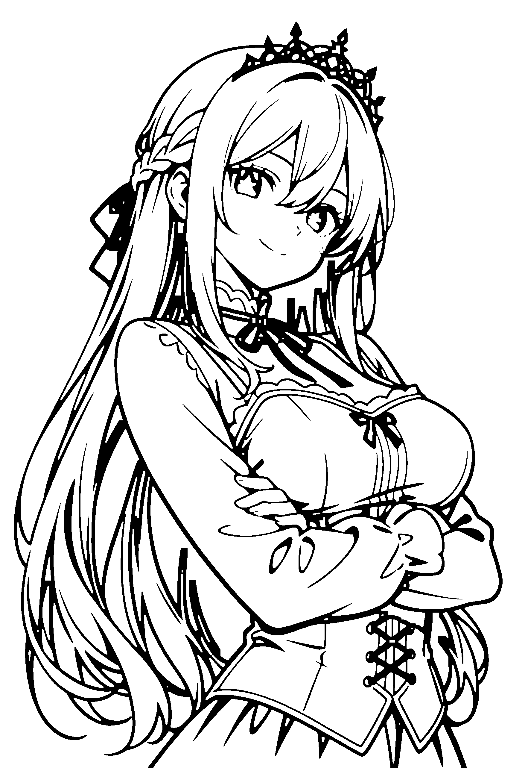 Black and white line art coloring page of an anime girl with long hair, braid, camisole, tiara, ribbon and smiling