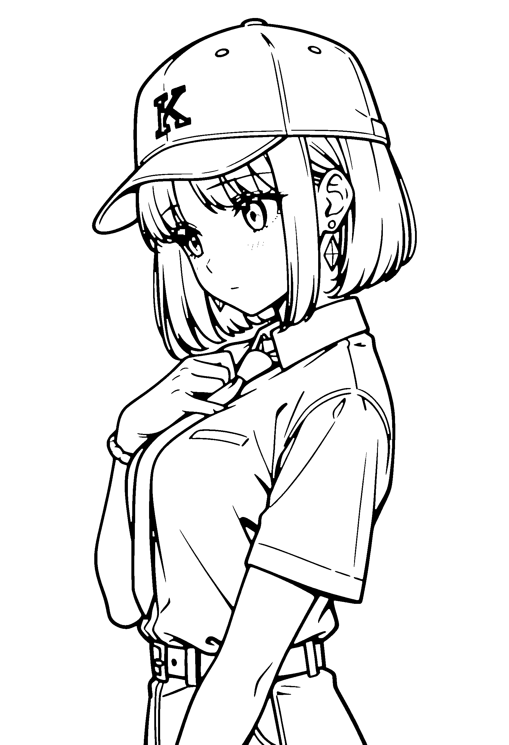 Black and white line art coloring page of an anime girl with bob cut, shirt, cap and shy