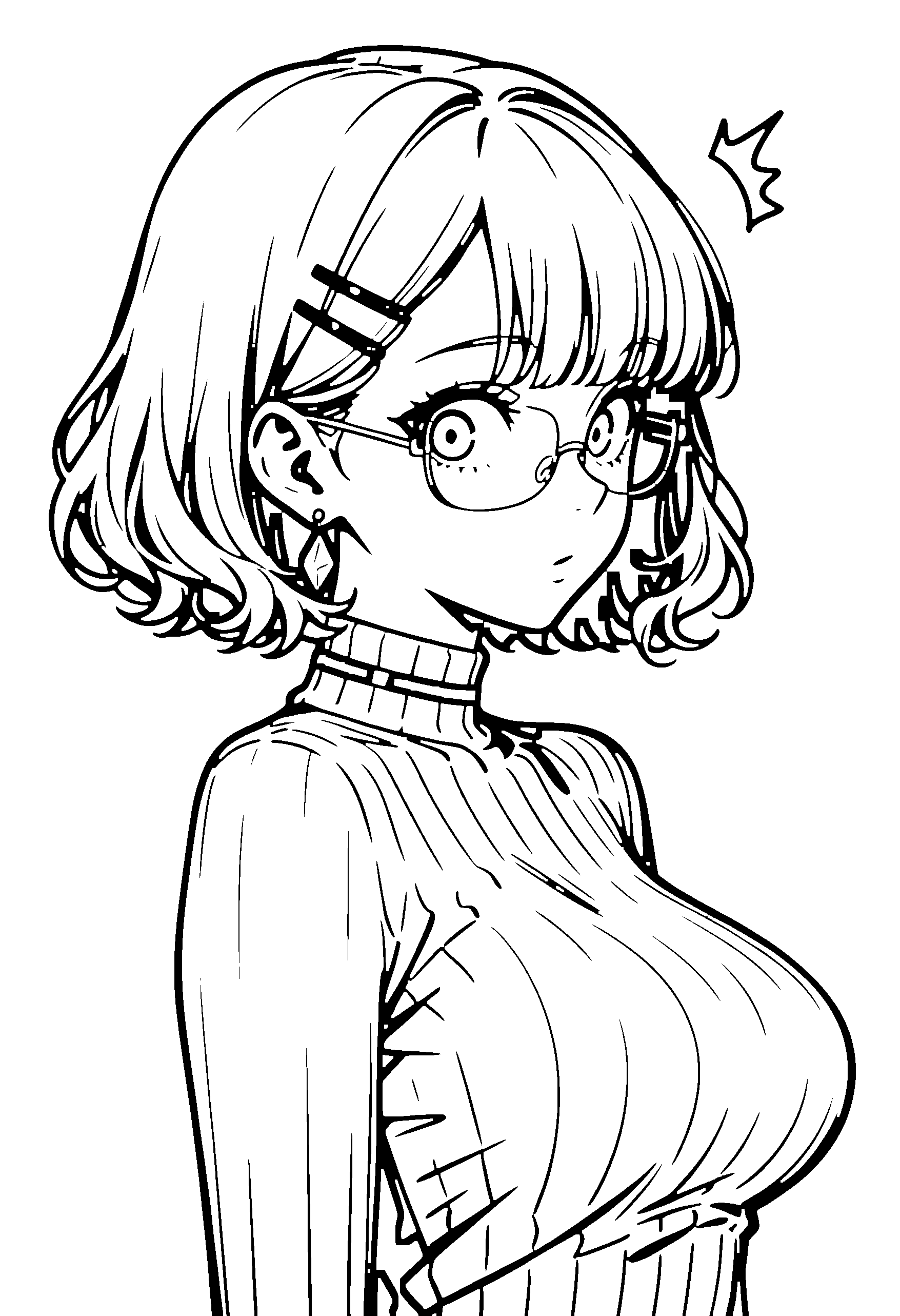 Black and white line art coloring page of an anime girl with bob cut, wavy hair, turtleneck, glasses, choker and surprised