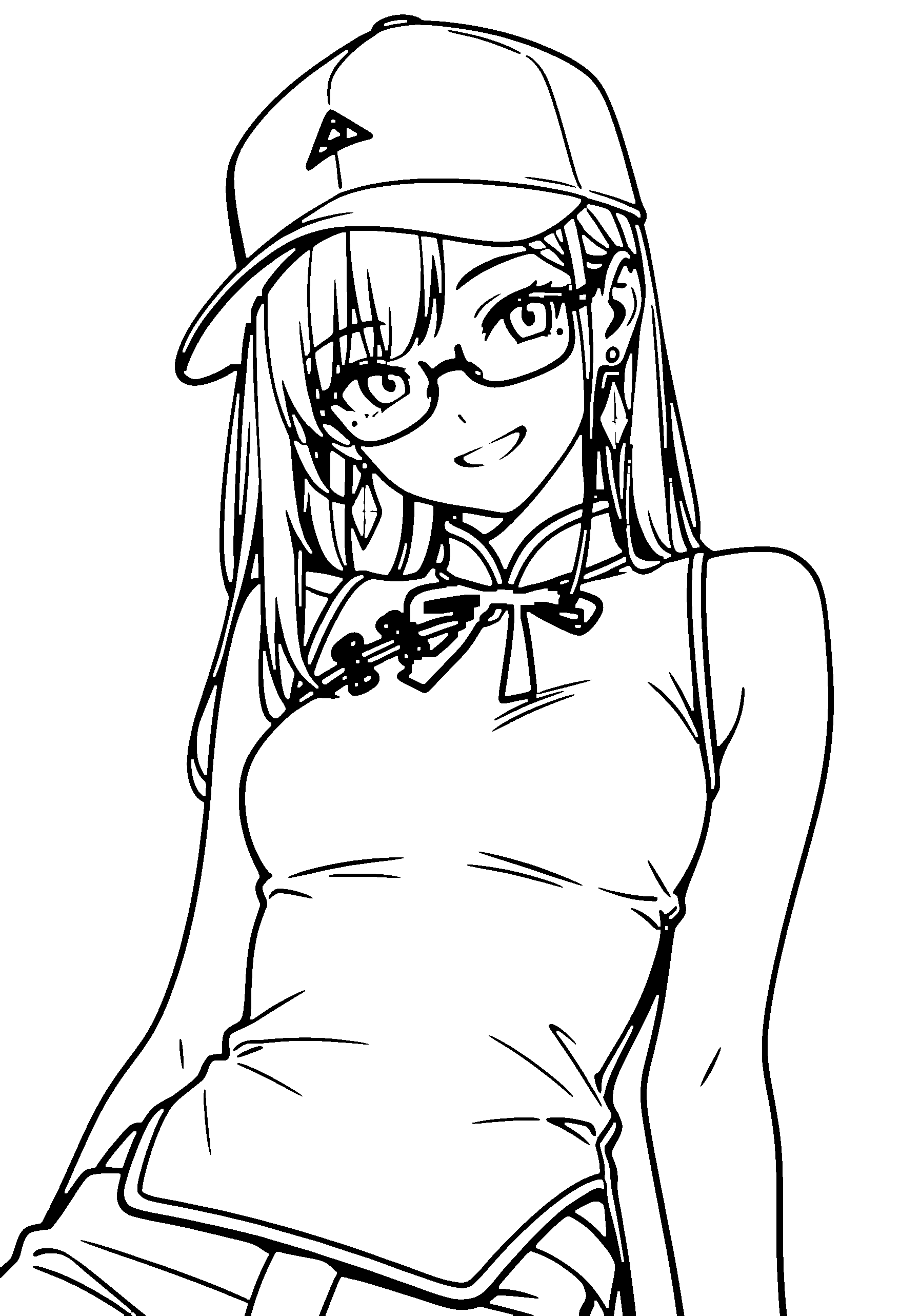 Black and white line art coloring page of an anime girl with long hair, chinese dress, cap, glasses, ribbon and grinning