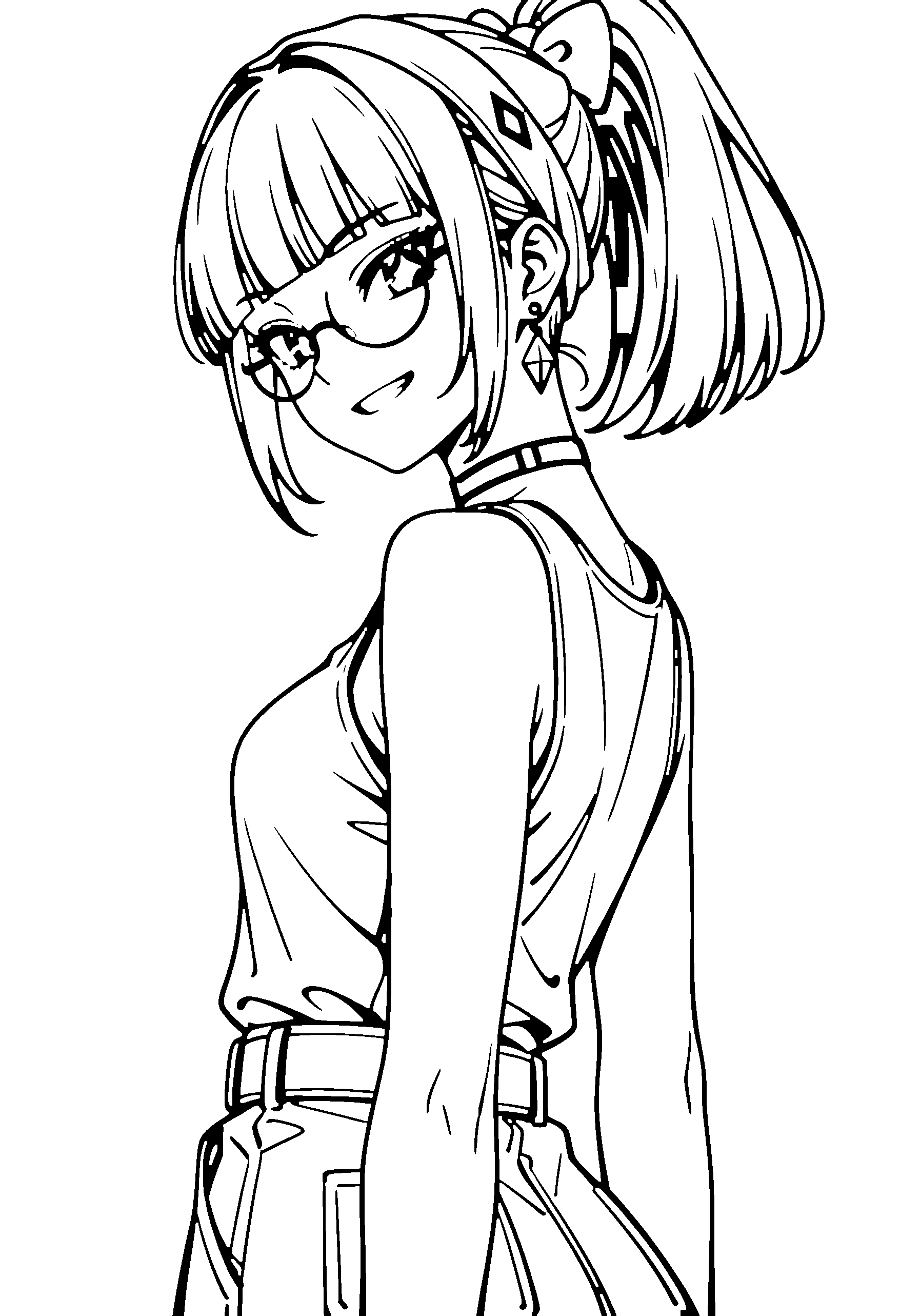 Black and white line art coloring page of an anime girl with medium hair, ponytail, shirt, headband, glasses, choker and grinning
