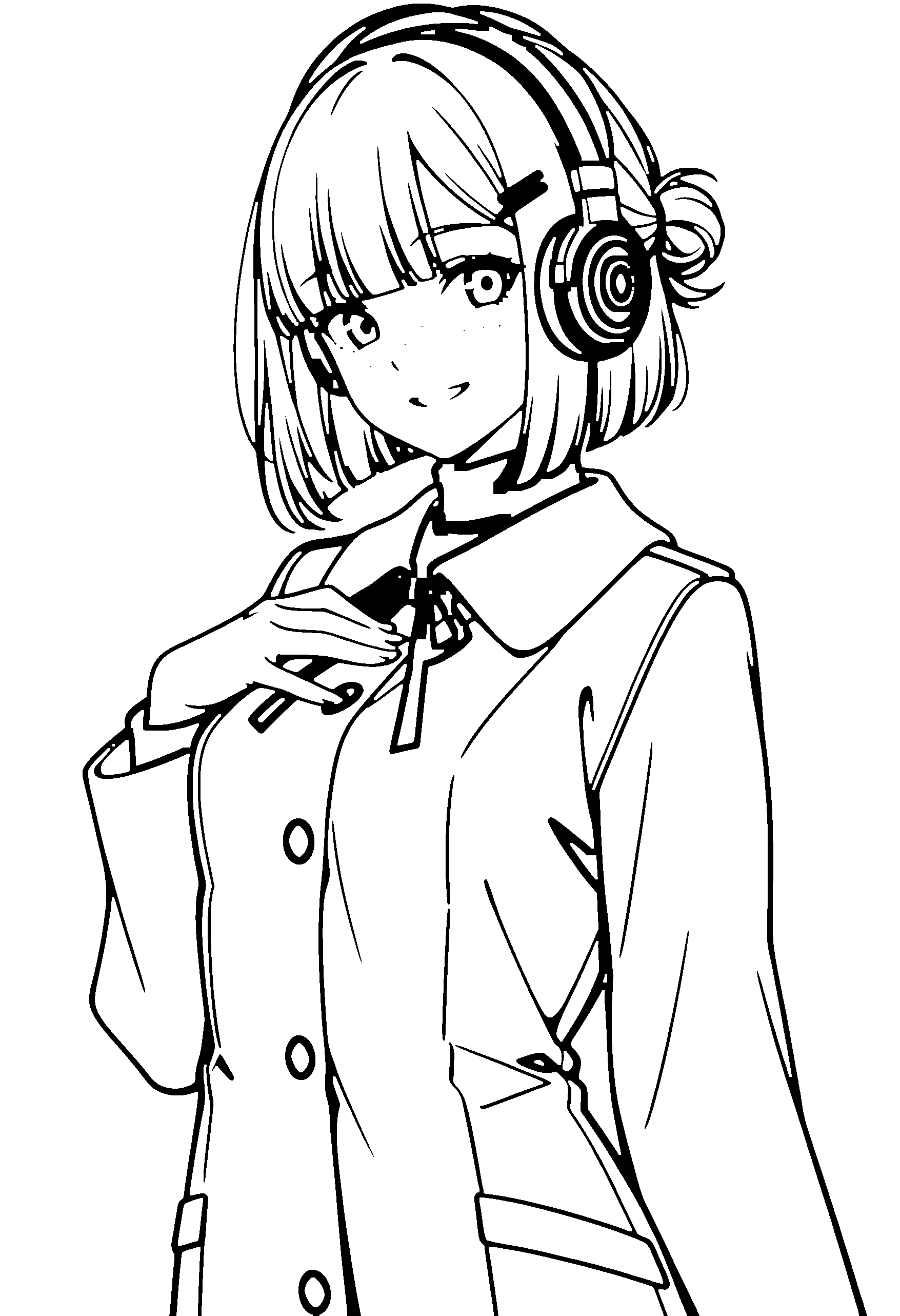 Black and white line art coloring page of an anime girl with bob cut, hair bun, coat, headphones, ribbon and grinning