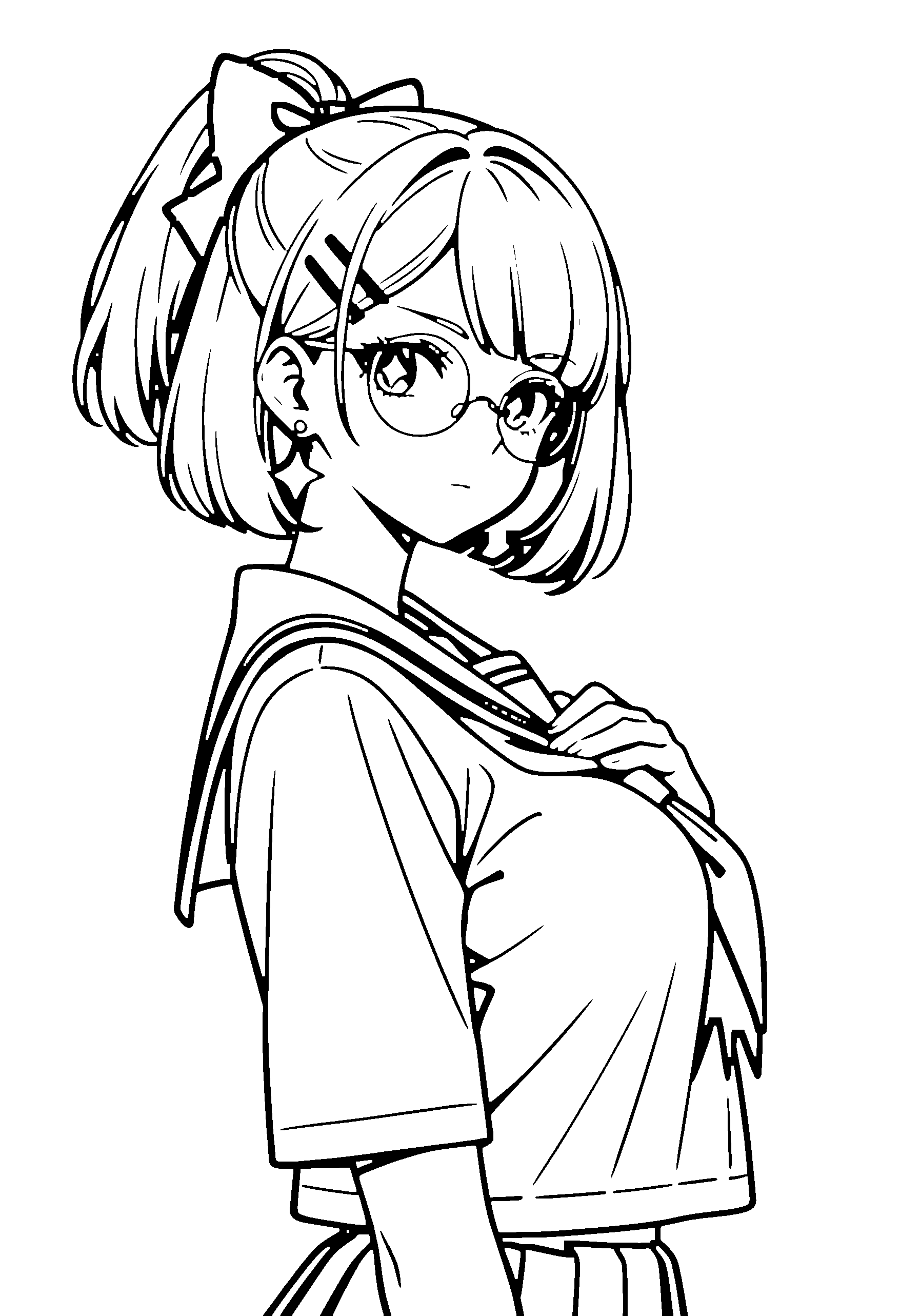Black and white line art coloring page of an anime girl with bob cut, ponytail, school uniform, headband, glasses and serious