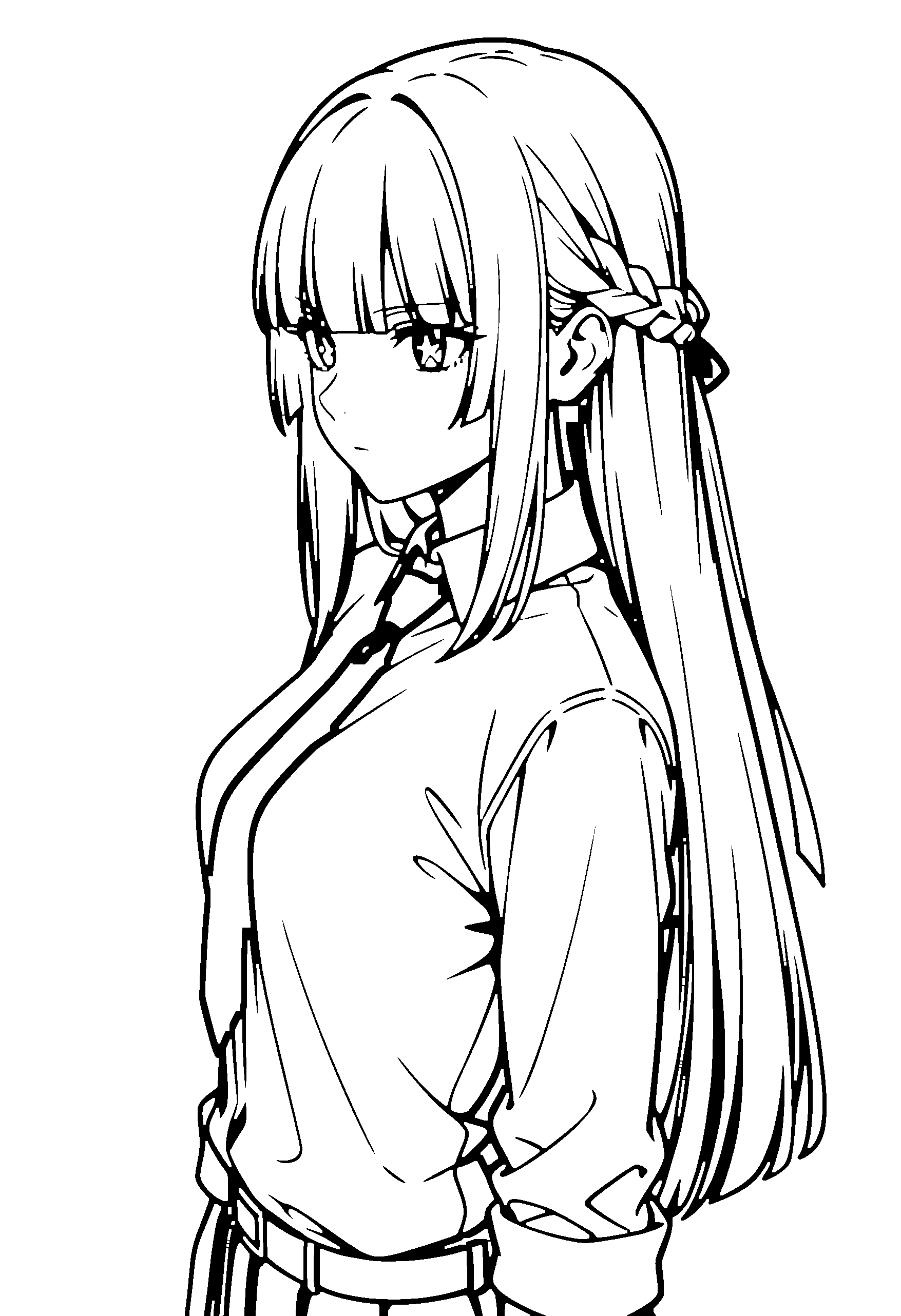 Black and white line art coloring page of an anime girl with long hair, braid, shirt and serious