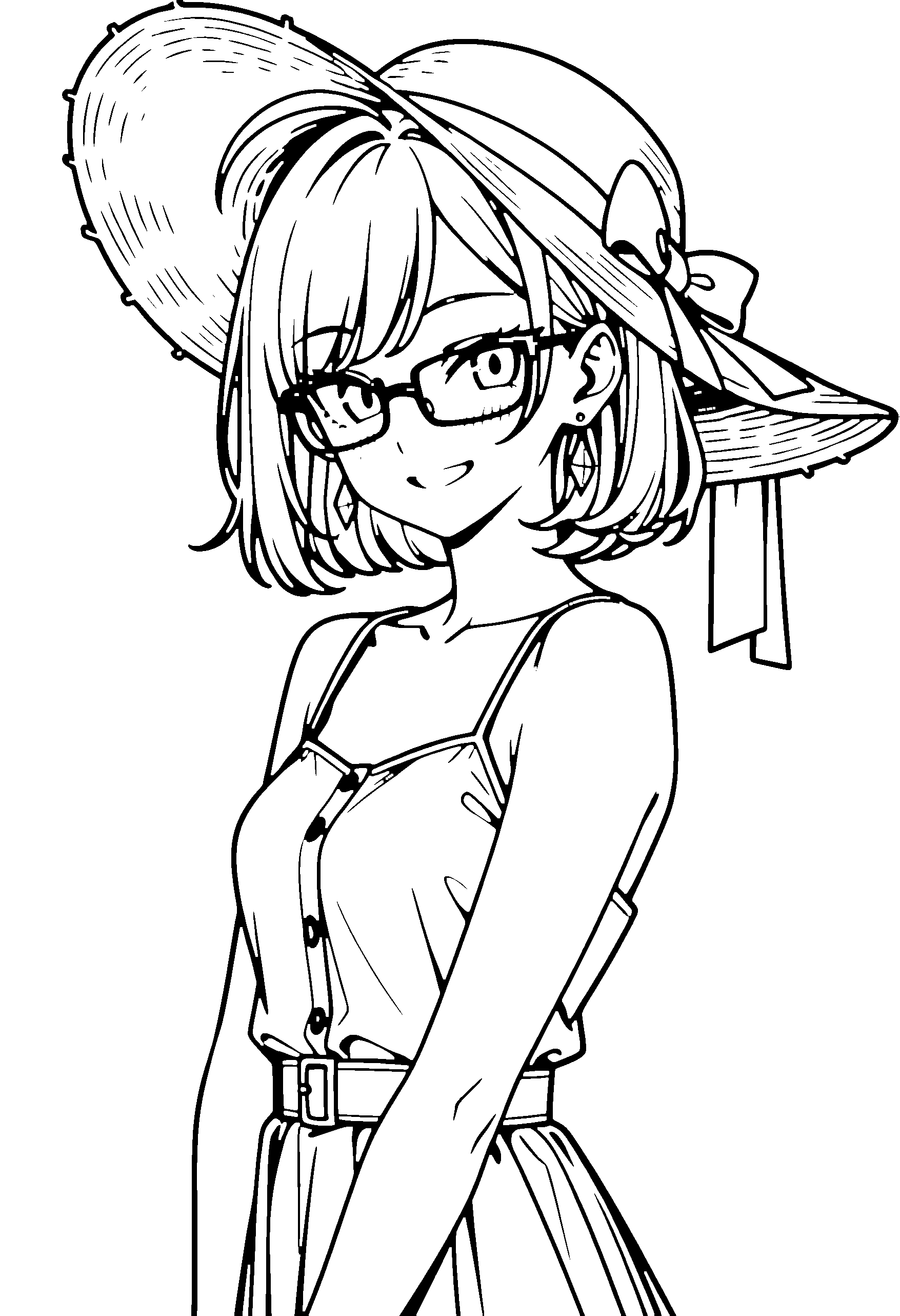 Black and white line art coloring page of an anime girl with medium hair, dress, sun hat, glasses and grinning