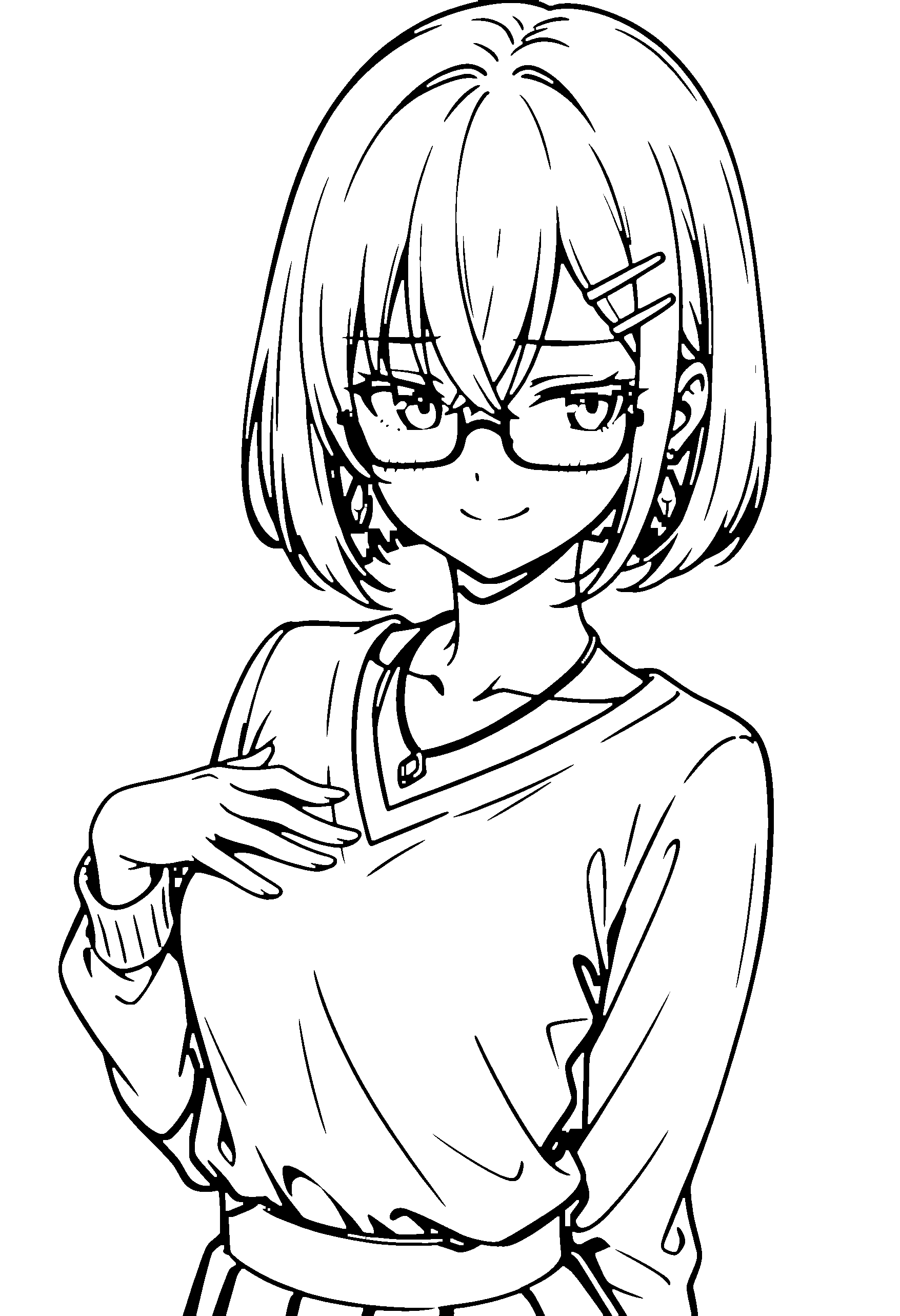 Black and white line art coloring page of an anime girl with bob cut, school uniform, glasses, necklace and smiling