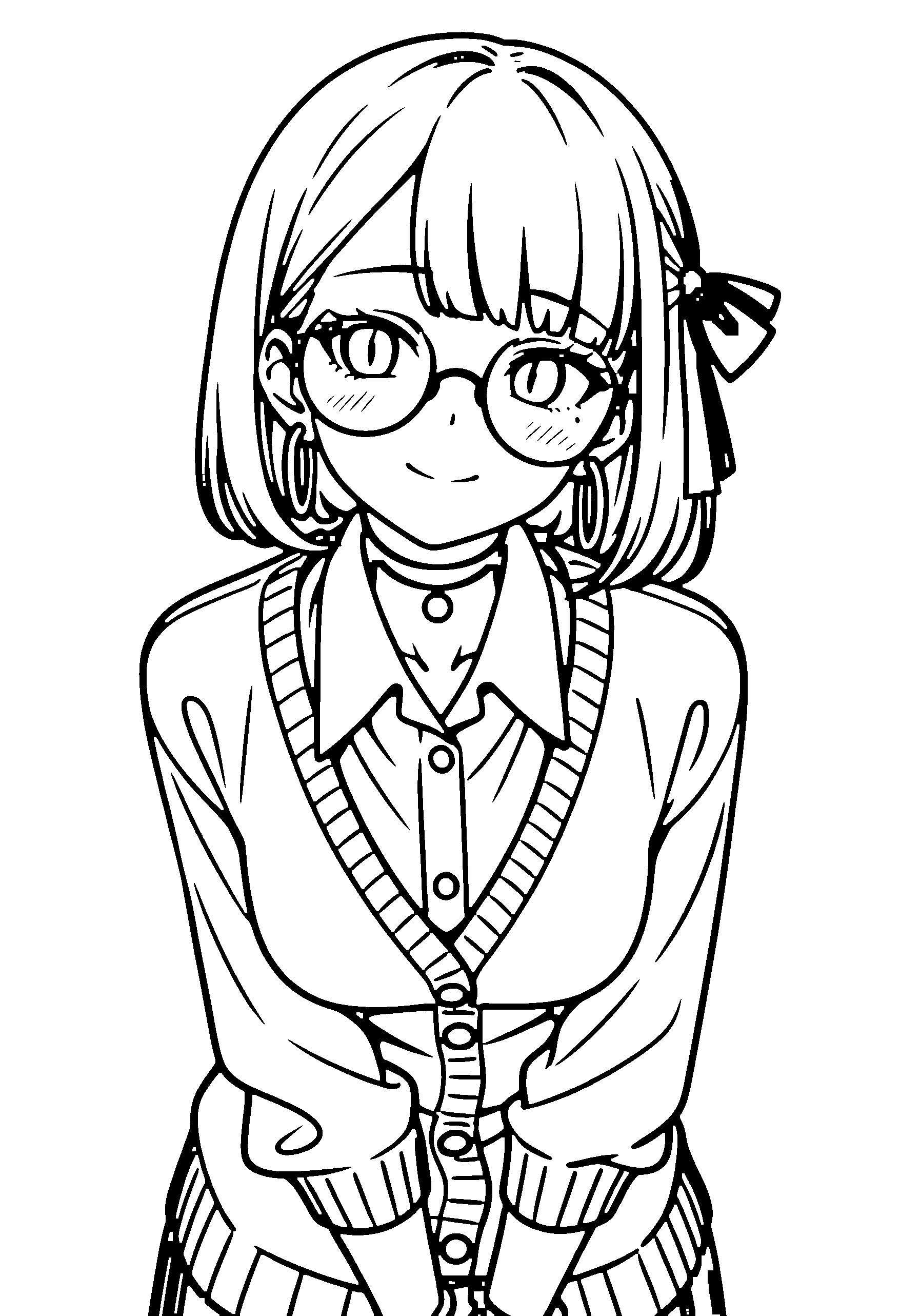 Black and white line art coloring page of an anime girl with bob cut, collared shirt, glasses, choker and shy