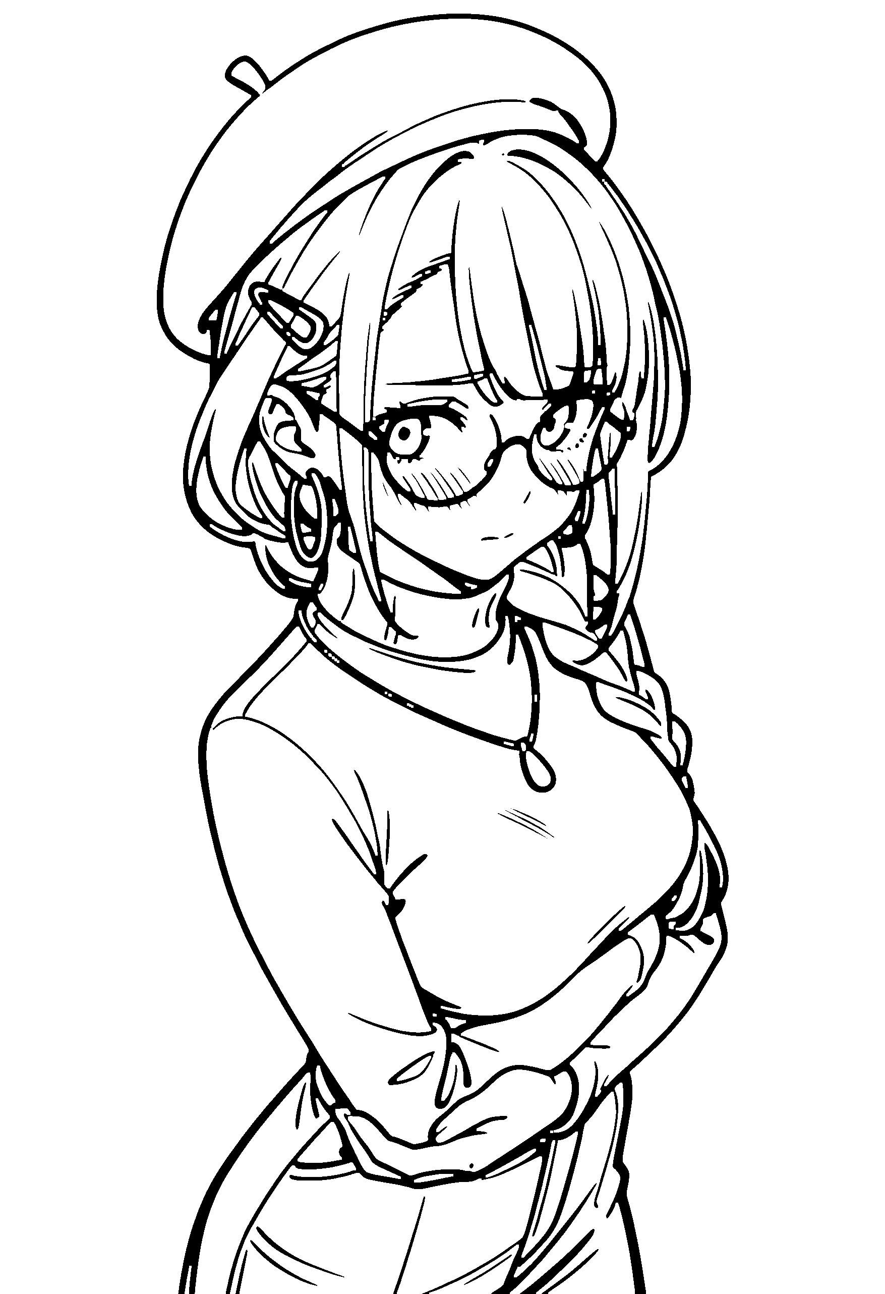 Black and white line art coloring page of an anime girl with long hair, braid, turtleneck, beret, glasses, necklace and shy