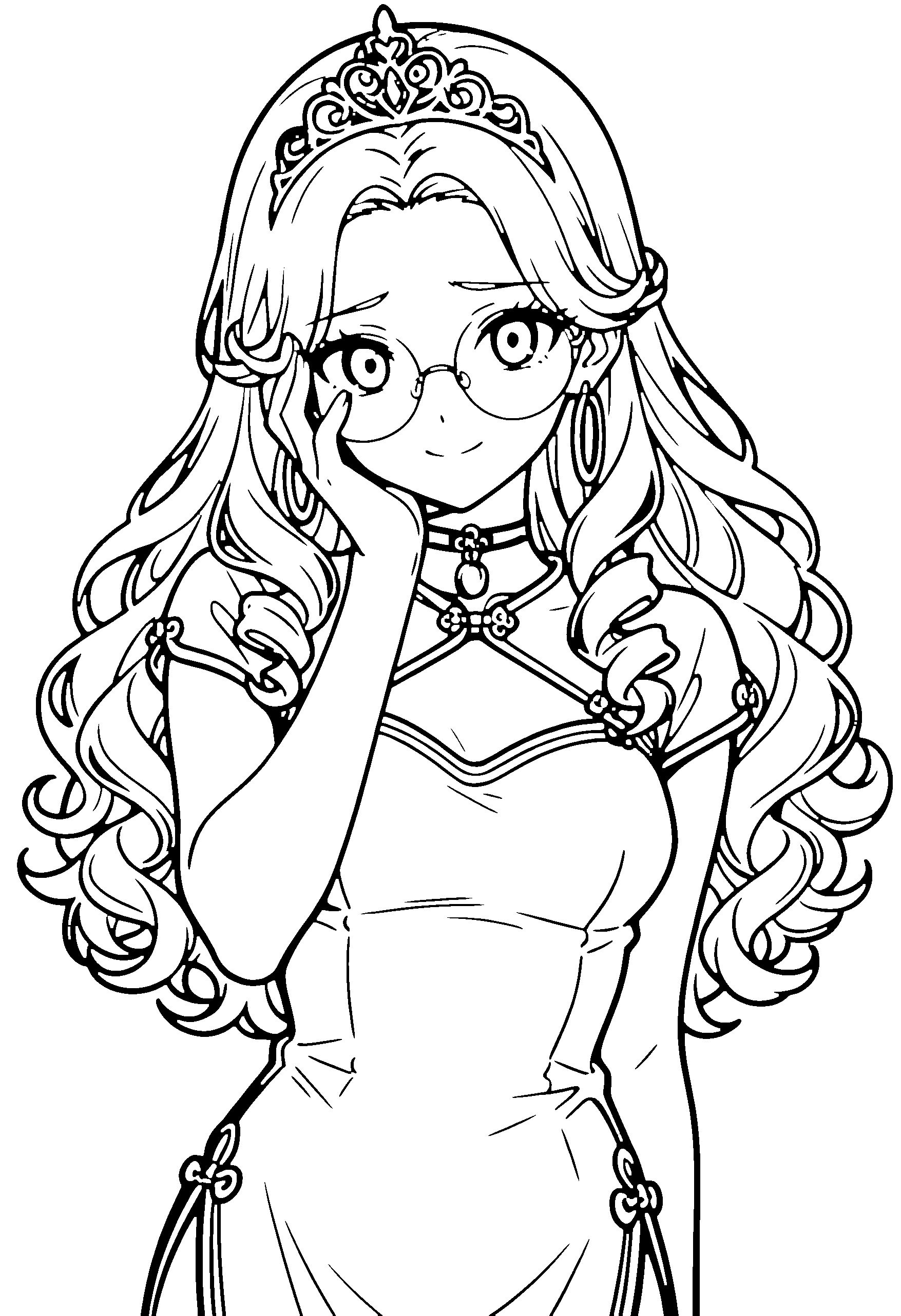 Black and white line art coloring page of an anime girl with long hair, curly hair, chinese dress, tiara, glasses, choker and shy