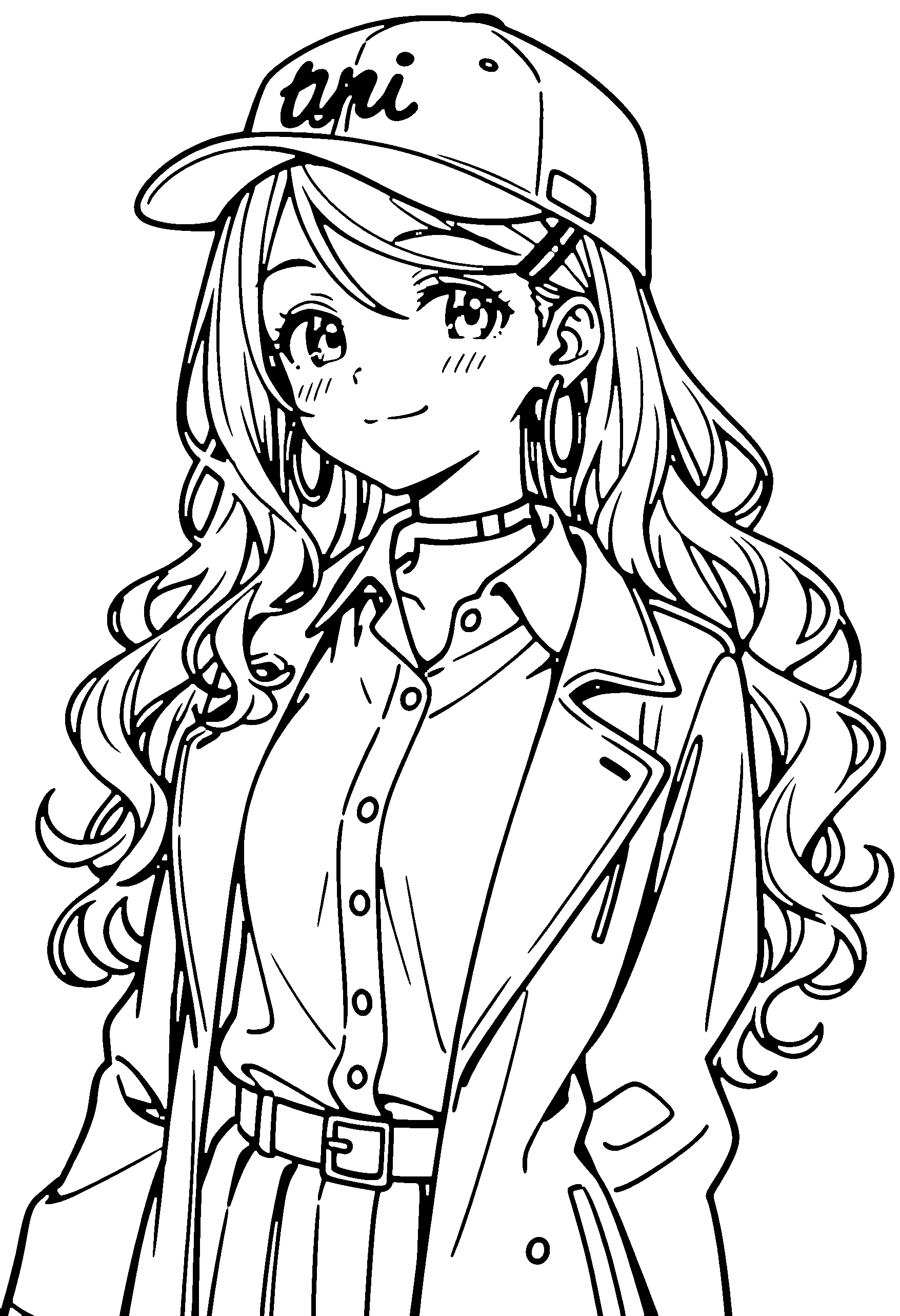 Black and white line art coloring page of an anime girl with long hair, wavy hair, collared shirt, cap, choker and smiling