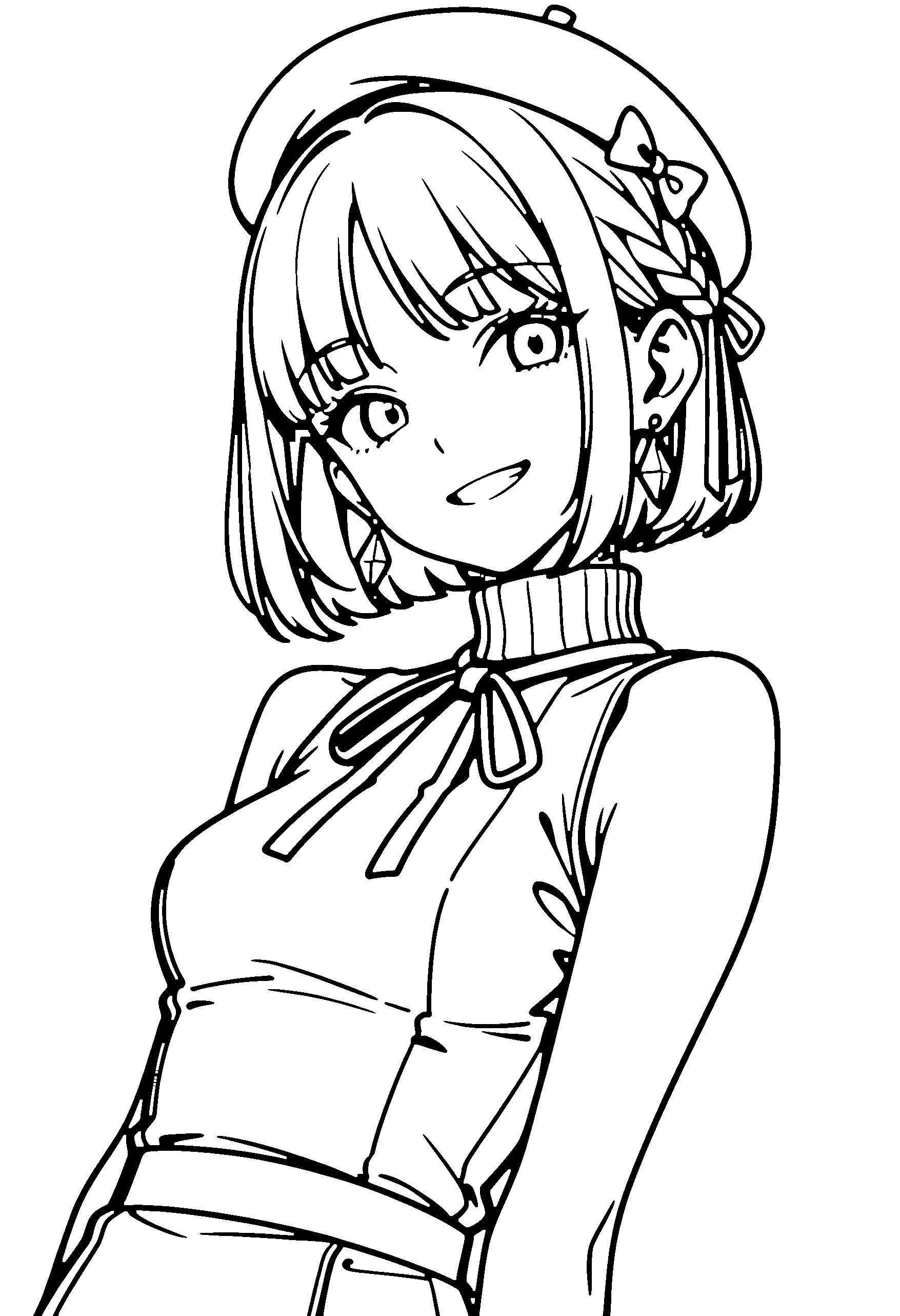 Black and white line art coloring page of an anime girl with bob cut, braid, turtleneck, beret, ribbon and grinning