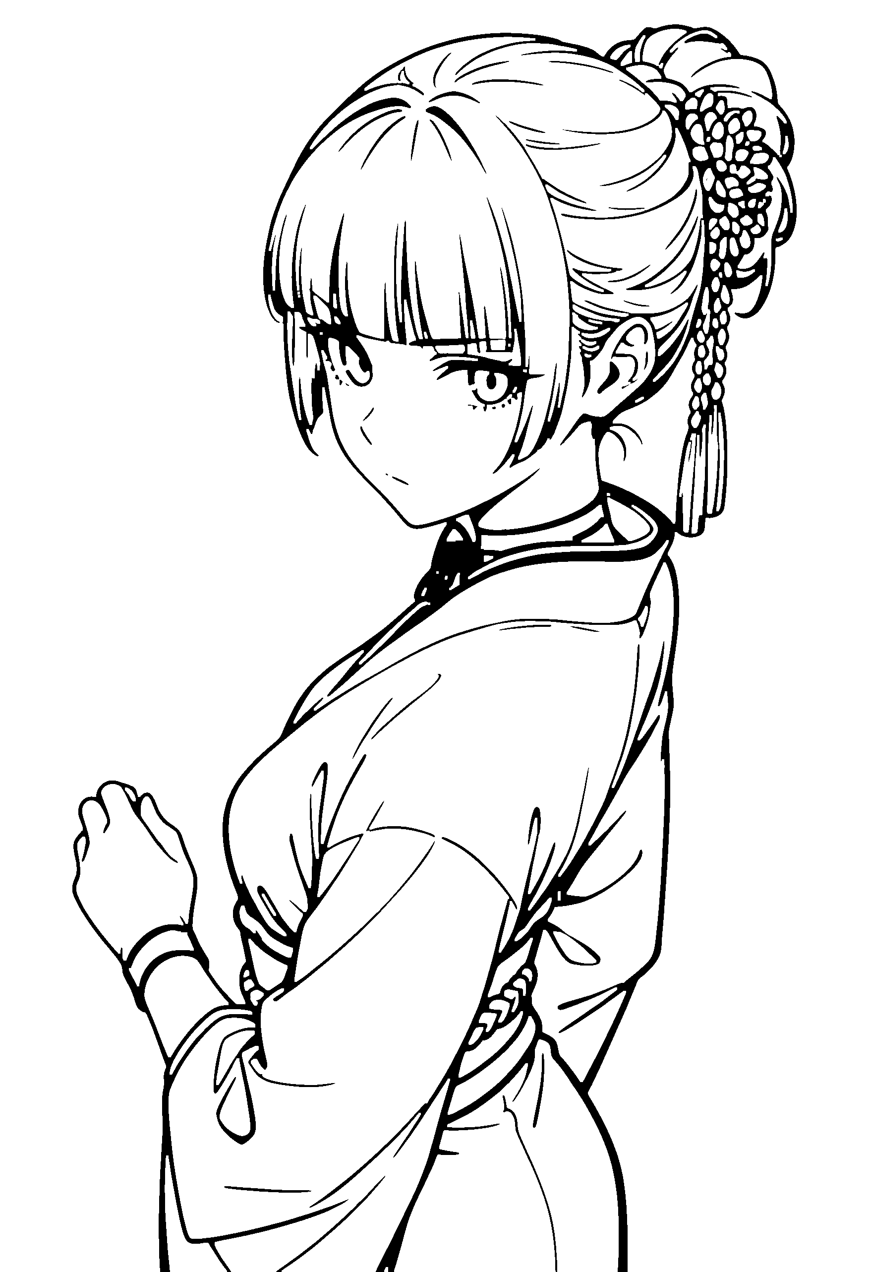 Black and white line art coloring page of an anime girl with long hair, hair bun, kimono, bow tie and serious