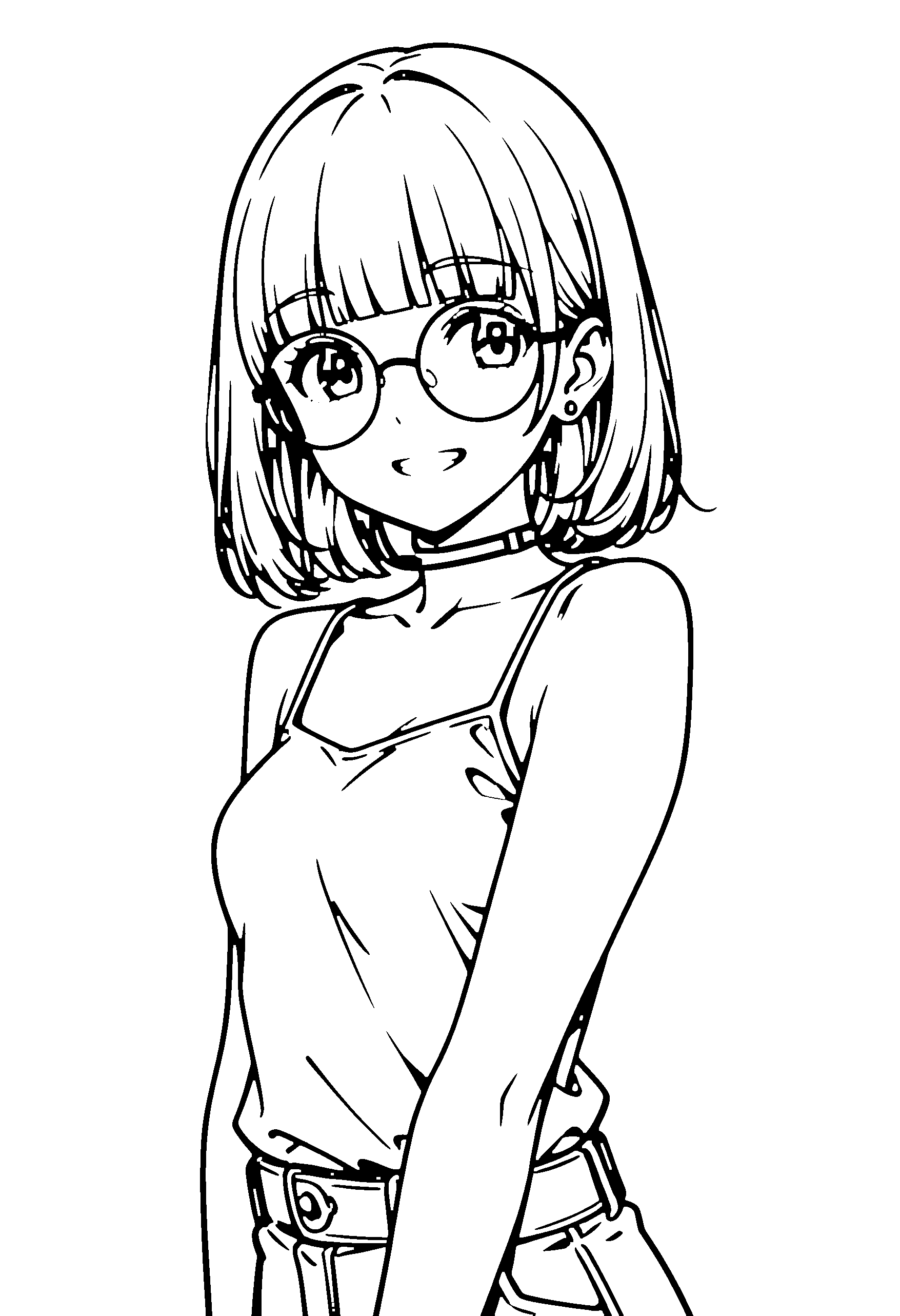 Black and white line art coloring page of an anime girl with medium hair, shirt, glasses, choker and grinning