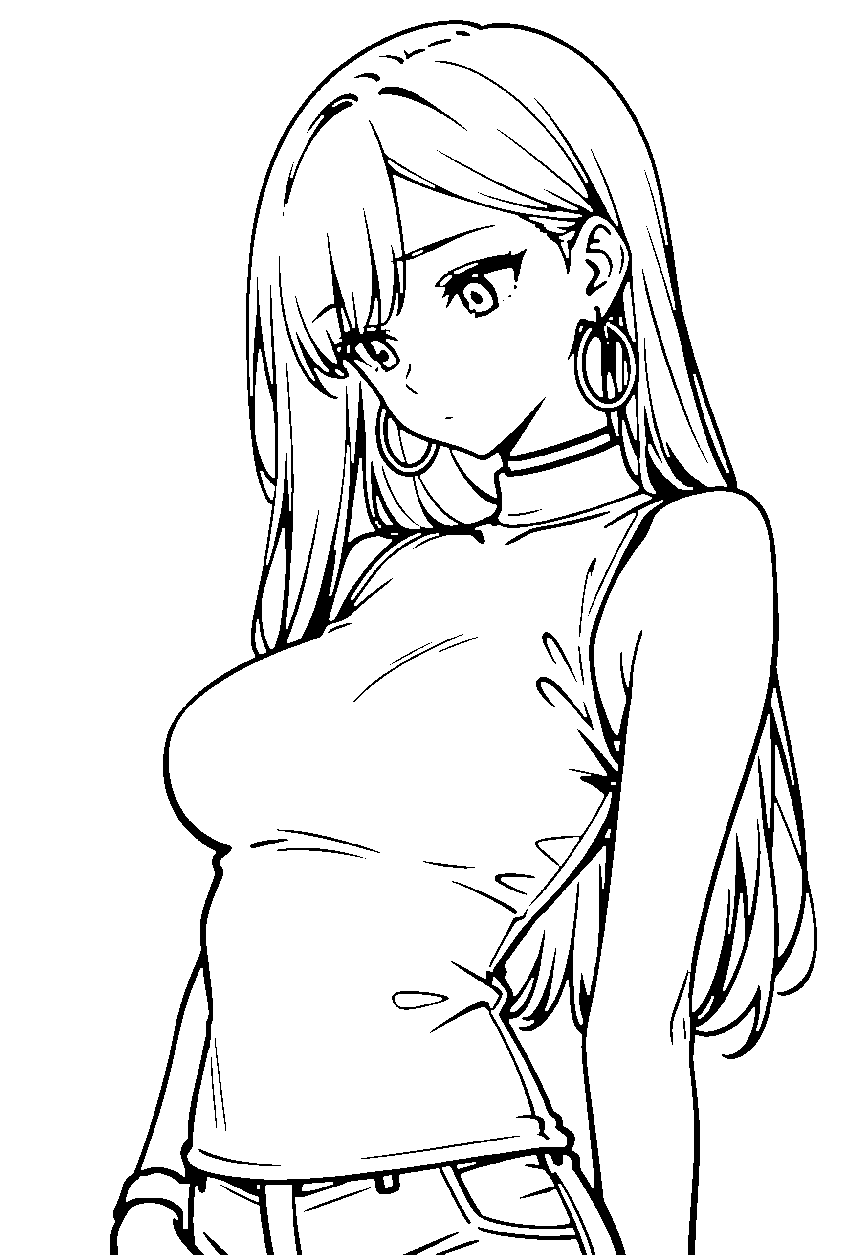 Black and white line art coloring page of an anime girl with long hair, turtleneck, choker and shy