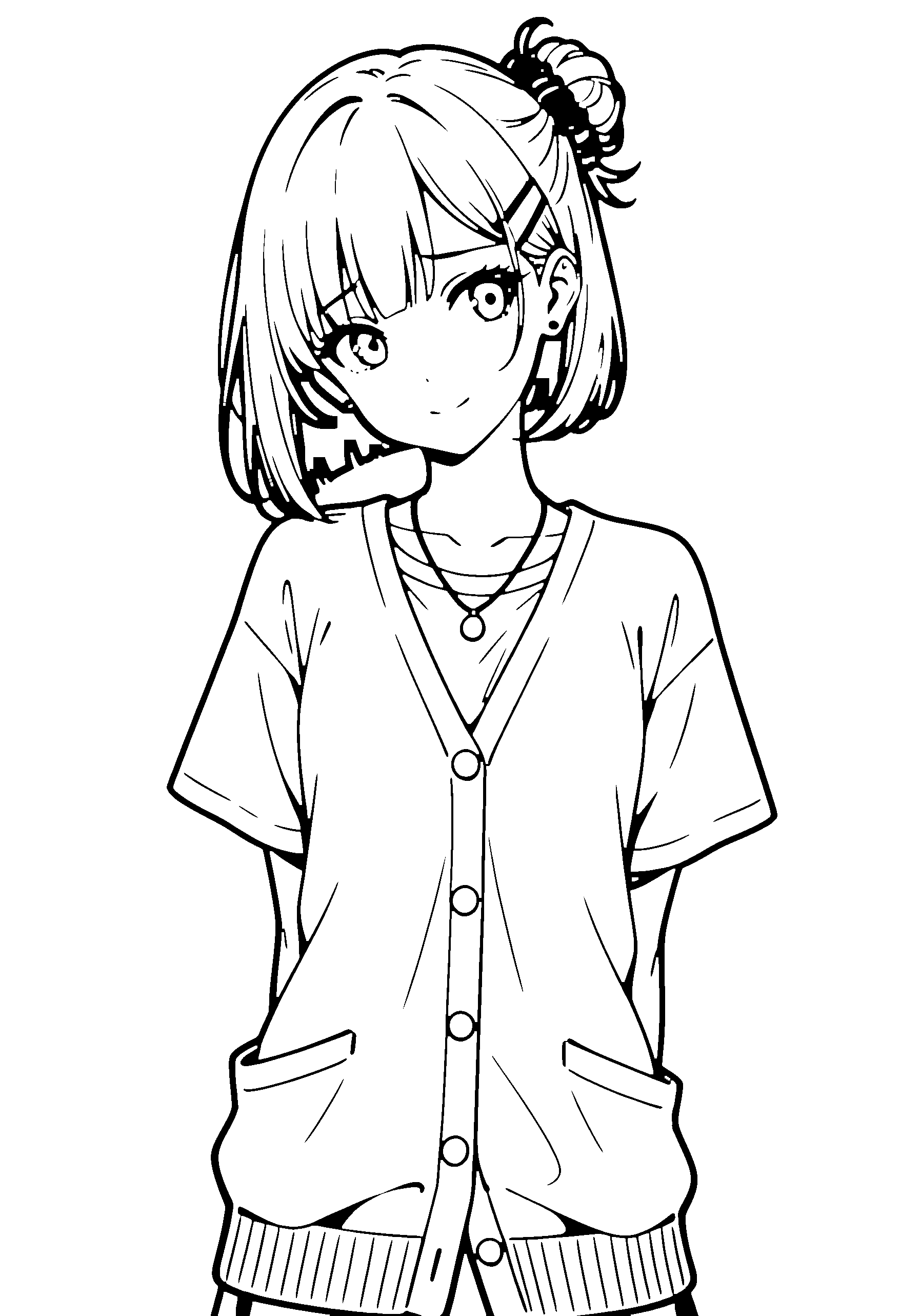 Black and white line art coloring page of an anime girl with bob cut, hair bun, cardigan, necklace and shy