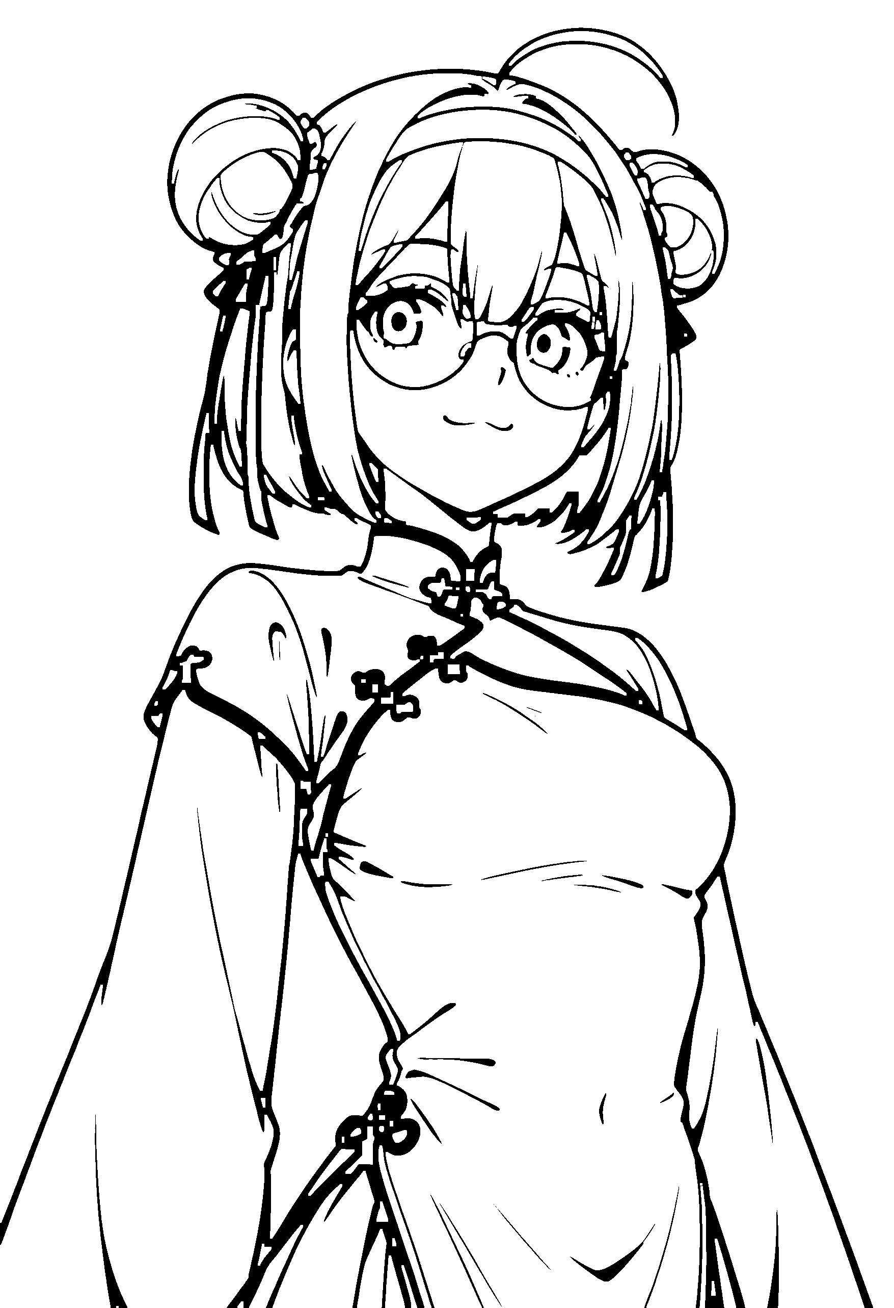 Black and white line art coloring page of an anime girl with bob cut, hair bun, chinese dress, headband, glasses, choker and smiling