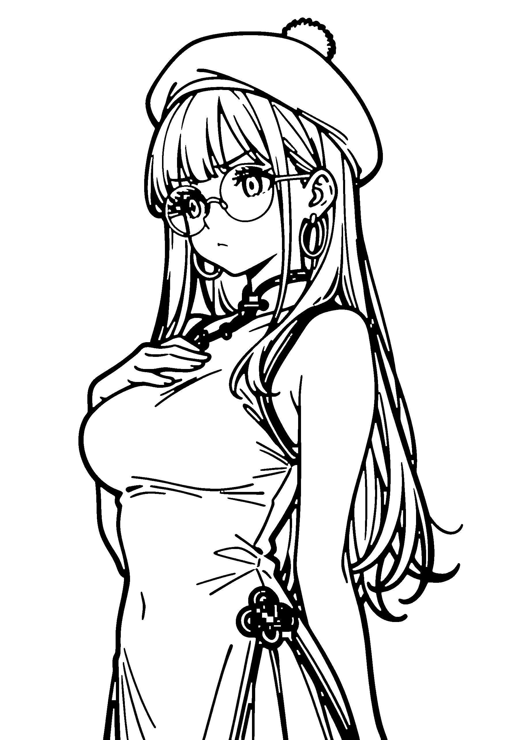 Black and white line art coloring page of an anime girl with long hair, chinese dress, beret, glasses, choker and frowning