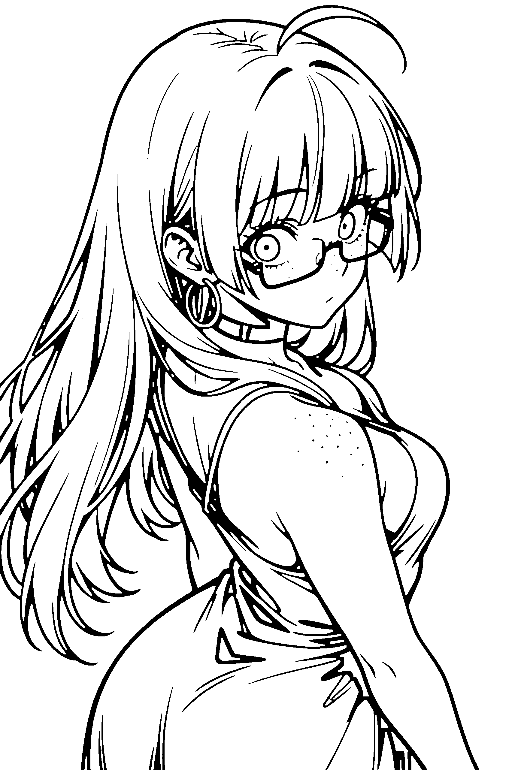 Black and white line art coloring page of an anime girl with long hair, dress, glasses, choker and surprised