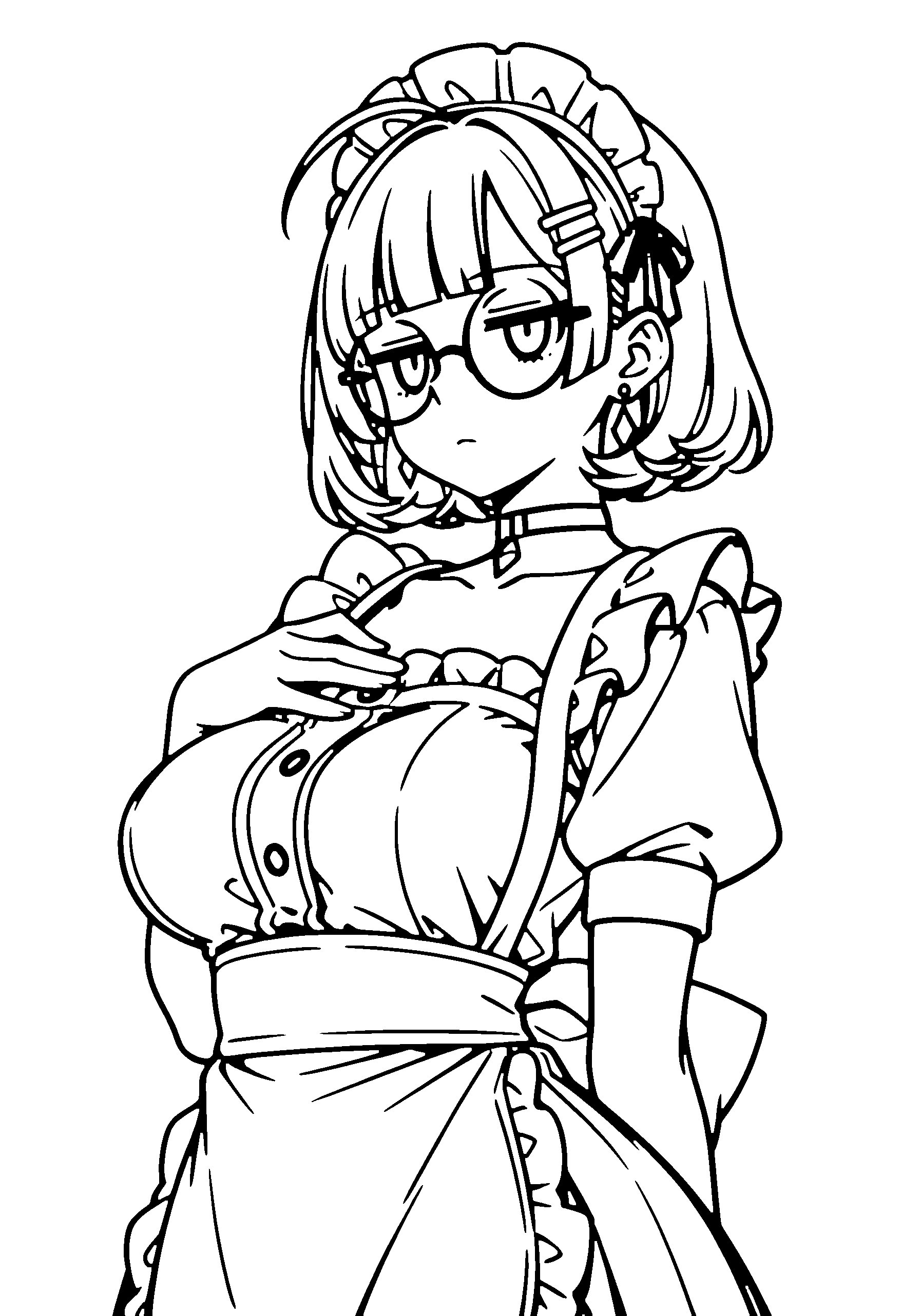 Black and white line art coloring page of an anime girl with maid outfit, bob cut, wavy hair, dress, glasses, choker and frowning