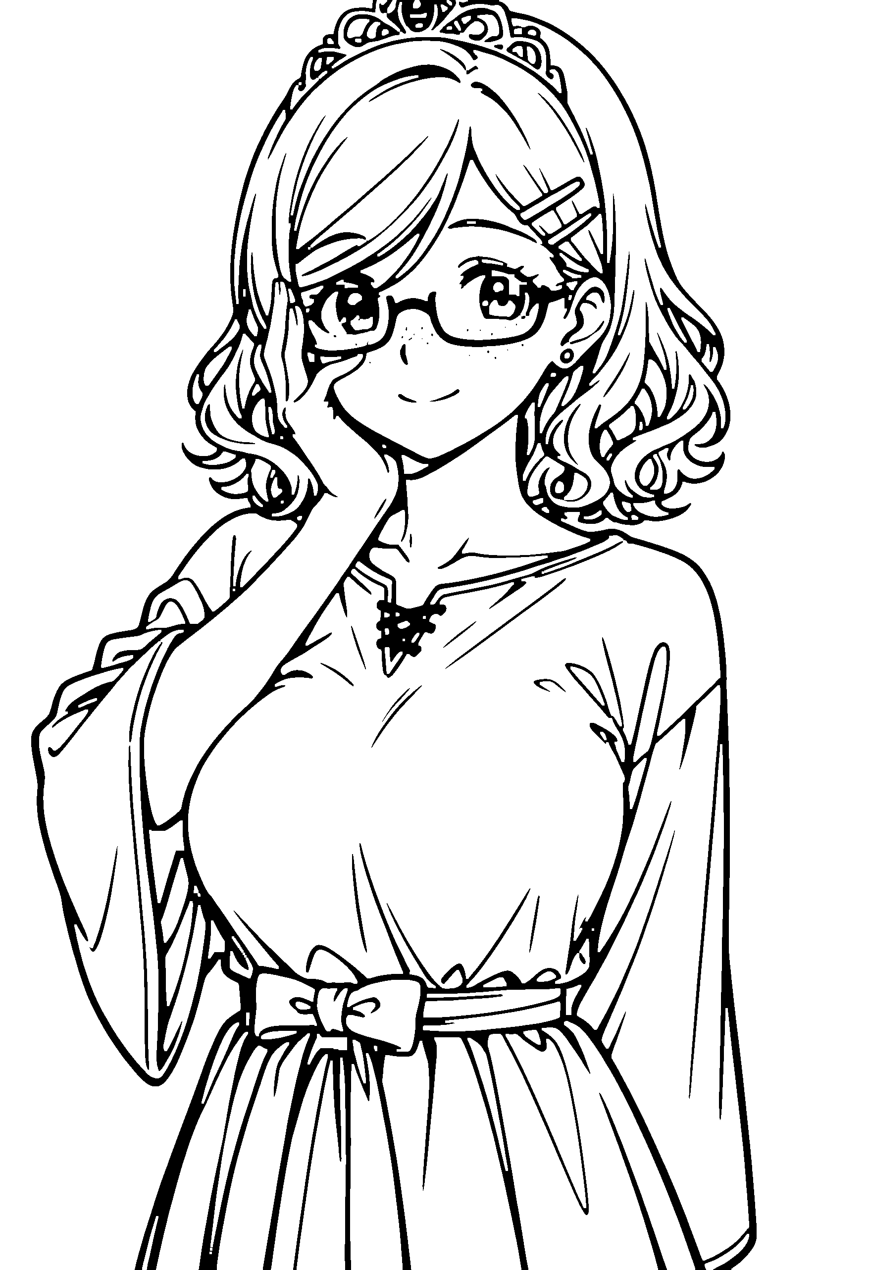 Black and white line art coloring page of an anime girl with medium hair, wavy hair, robe, tiara, glasses and smiling