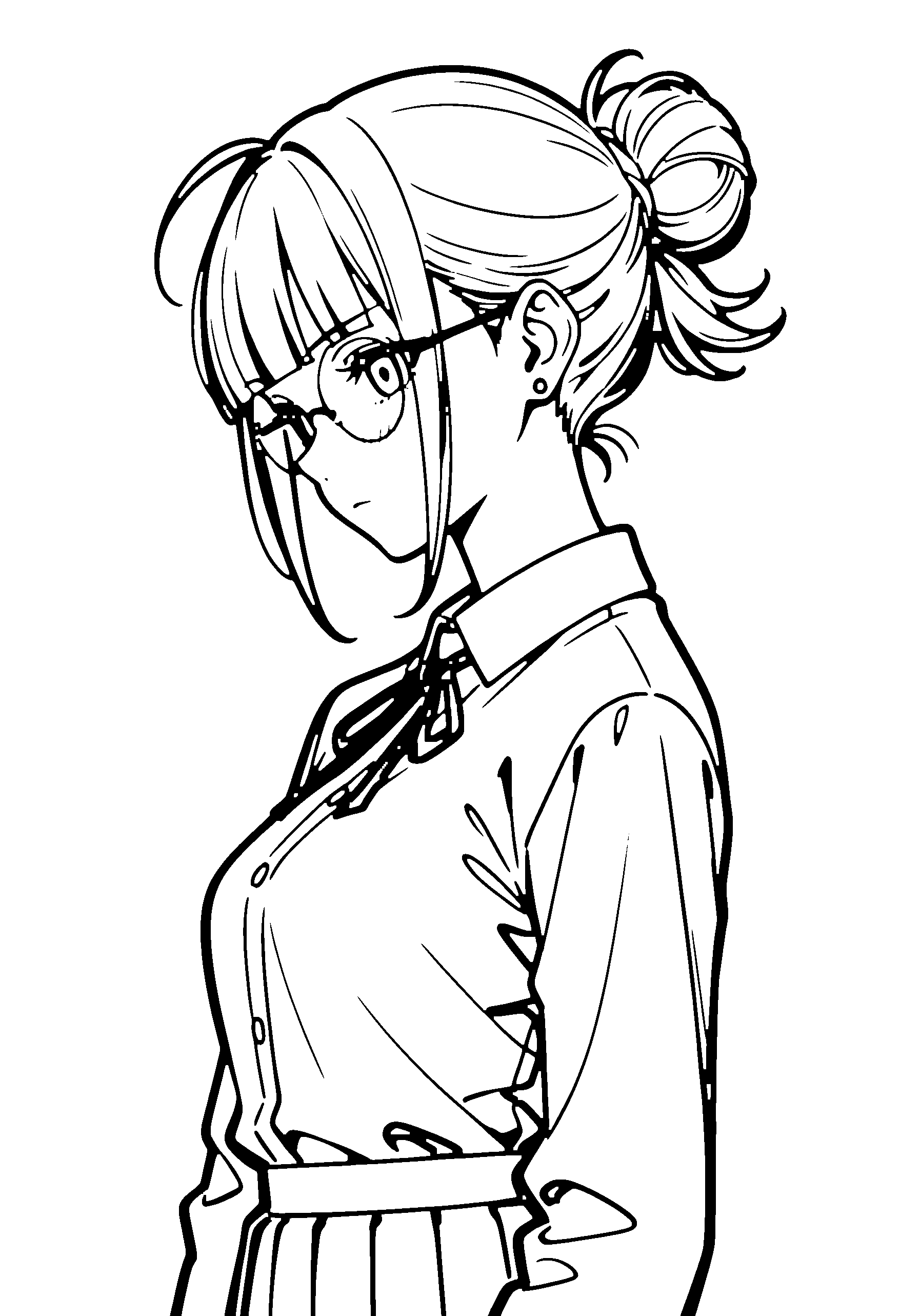 Black and white line art coloring page of an anime girl with medium hair, hair bun, school uniform, glasses, ribbon and serious