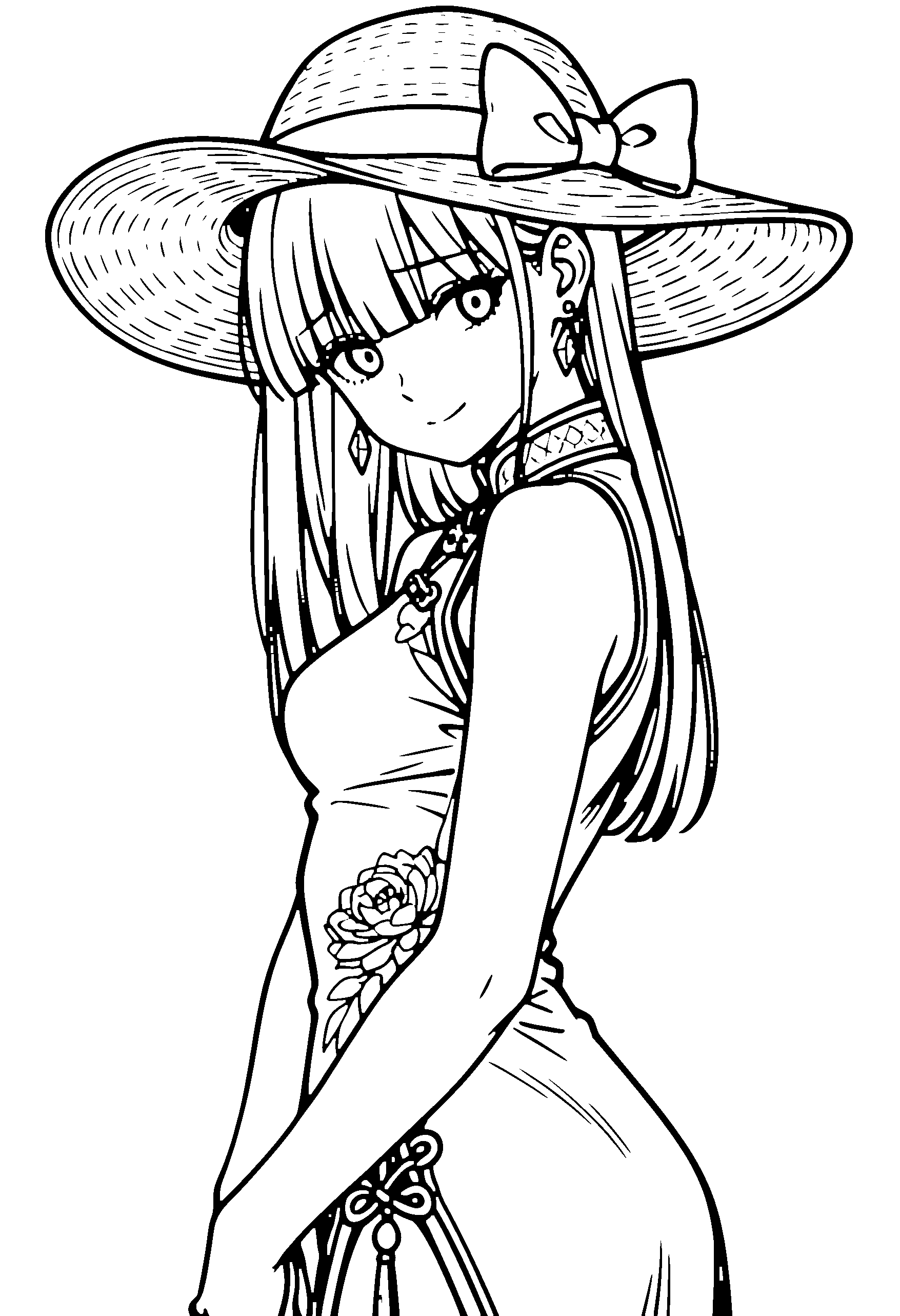 Black and white line art coloring page of an anime girl with long hair, chinese dress, sun hat, choker and shy