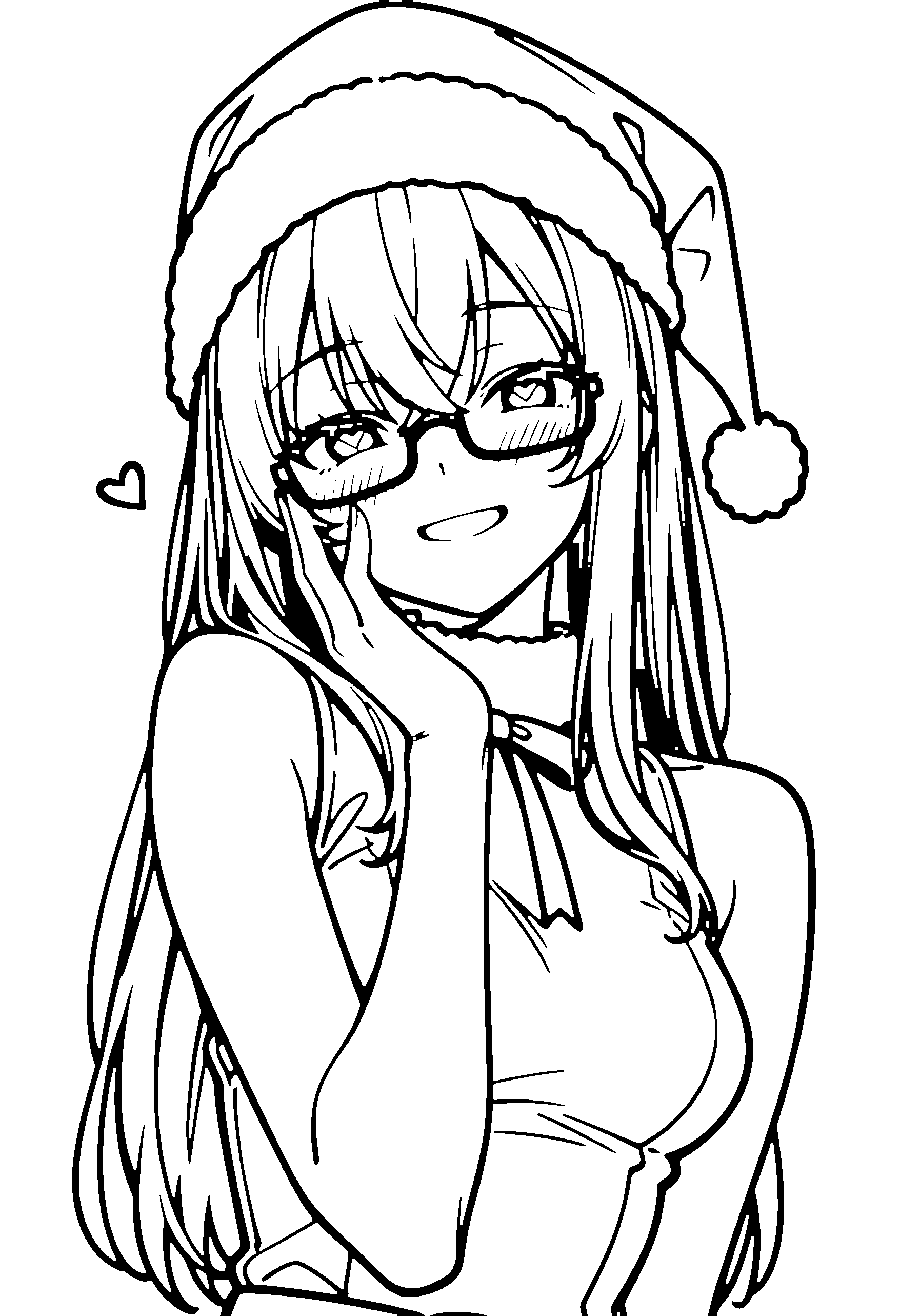 Black and white line art coloring page of an anime girl with santa costume, long hair, glasses and grinning