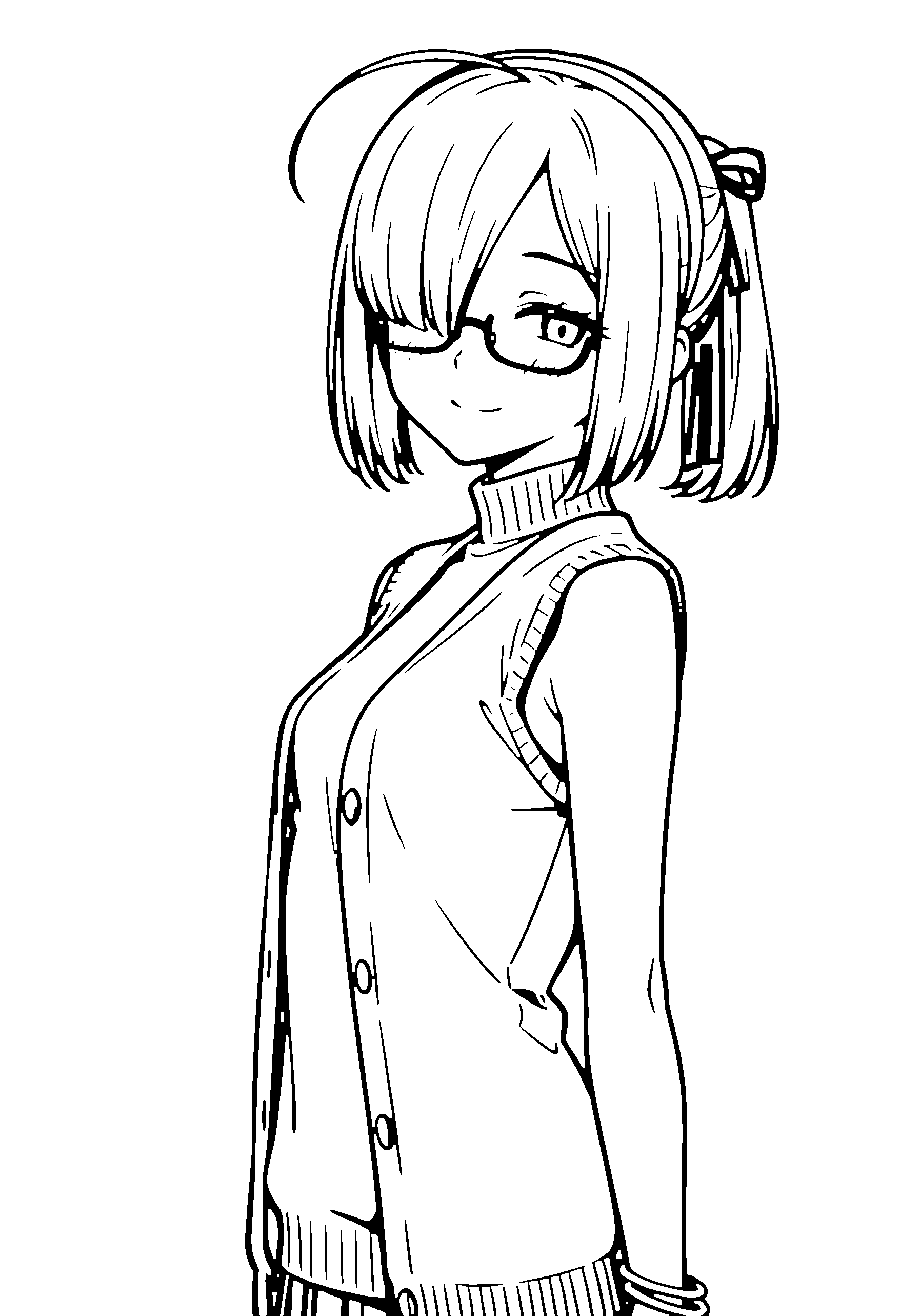 Black and white line art coloring page of an anime girl with bob cut, ponytail, turtleneck, headband, glasses and smiling