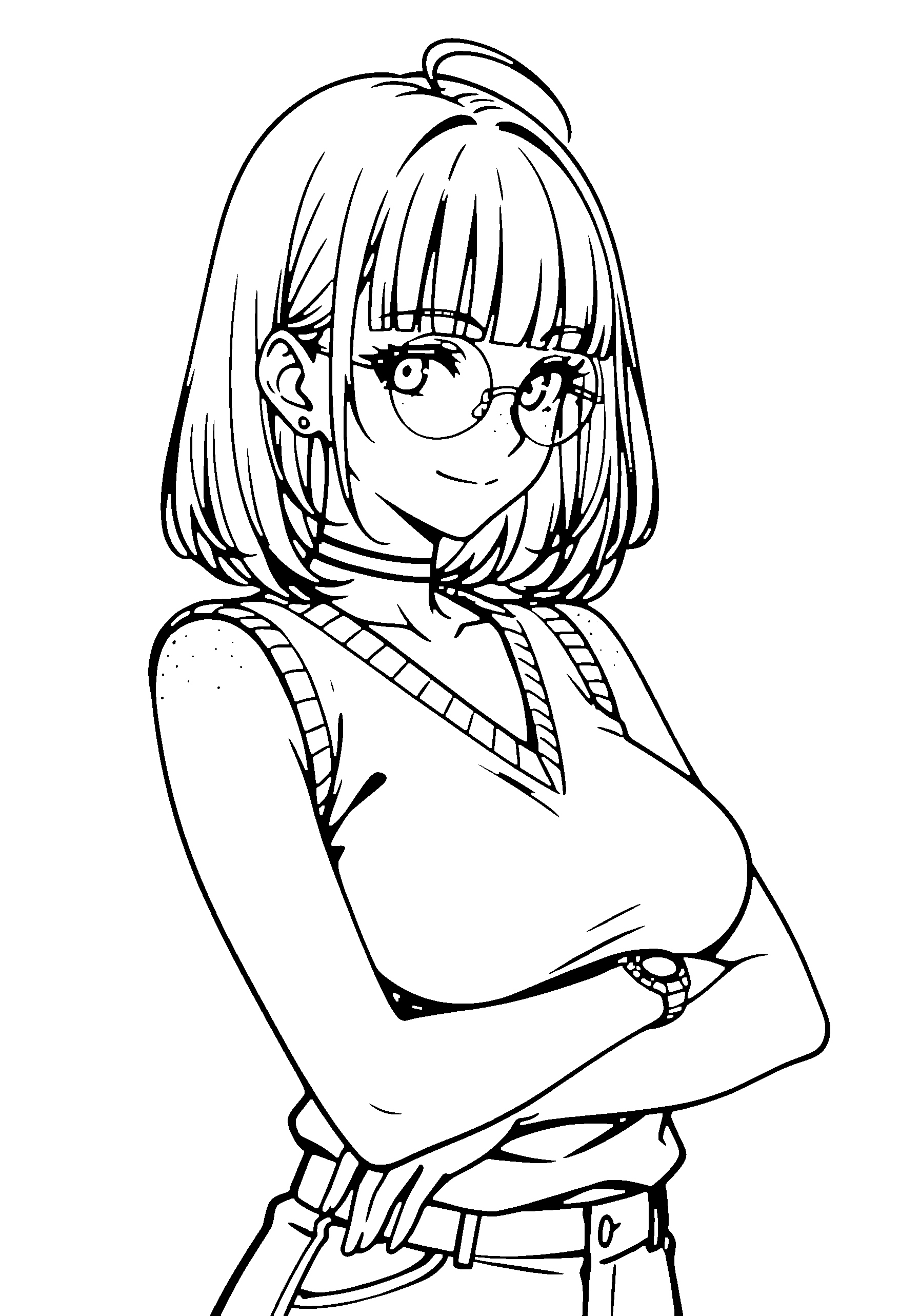 Black and white line art coloring page of an anime girl with medium hair, sweater vest, glasses, choker and smiling