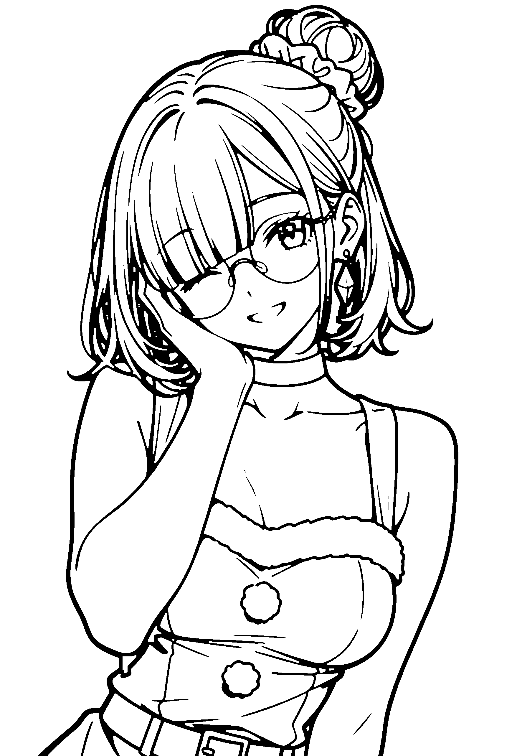 Black and white line art coloring page of an anime girl with santa costume, medium hair, hair bun, glasses, choker and smiling